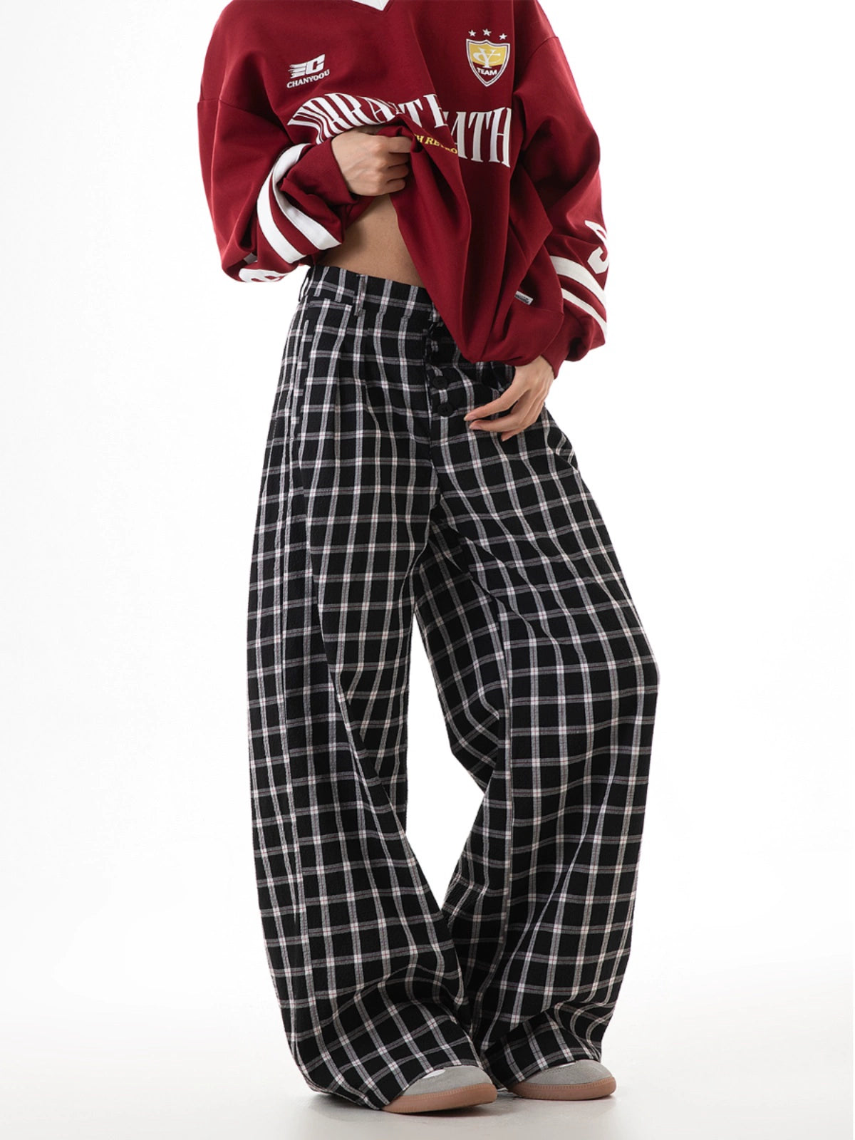 ICH MODE 美式复古格子裤女2025新款秋宽松阔腿裤直筒休闲裤子