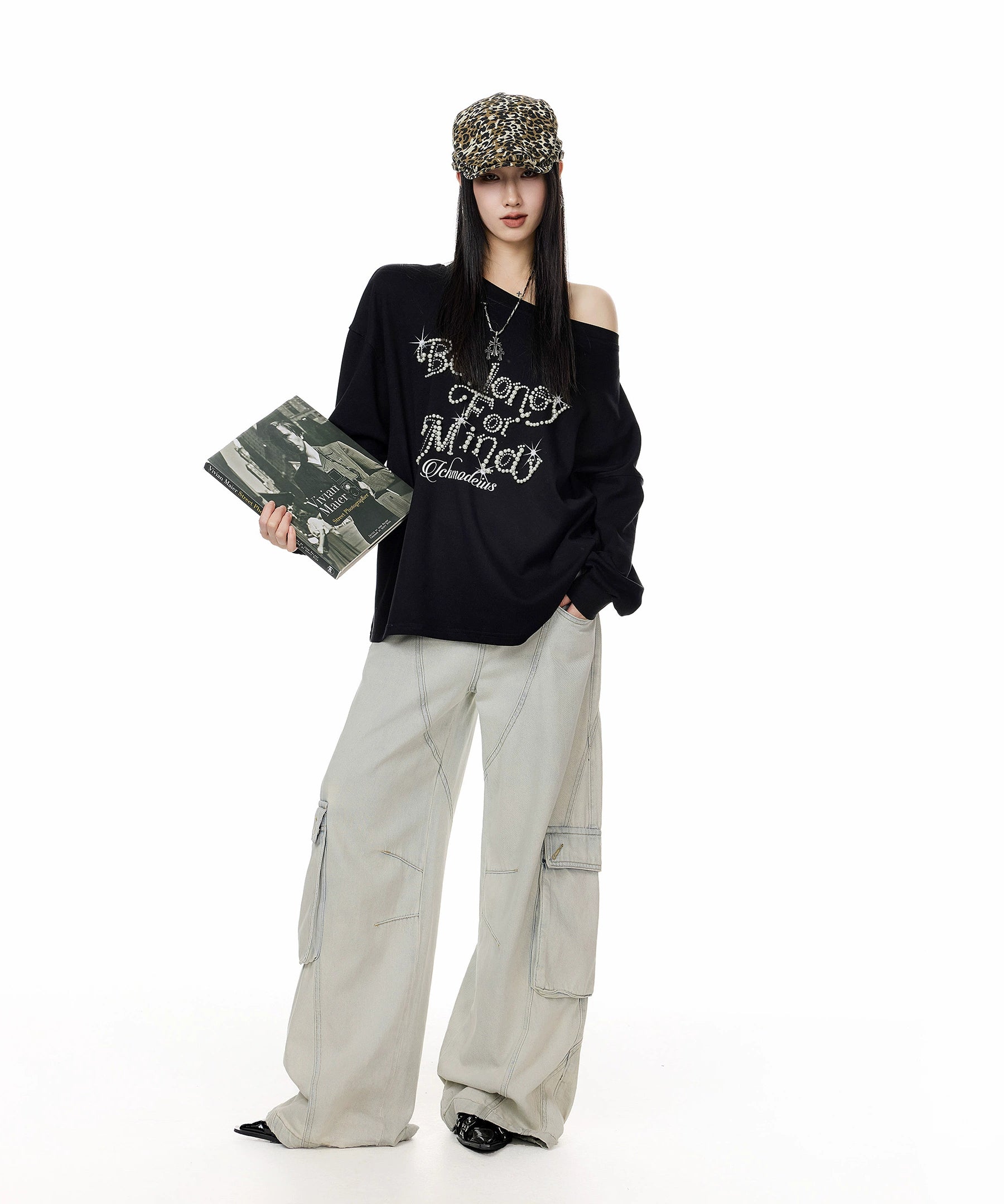 ICH MODE 美式复古珍珠斜肩T恤女2025新款秋冬宽松长袖露肩上衣t