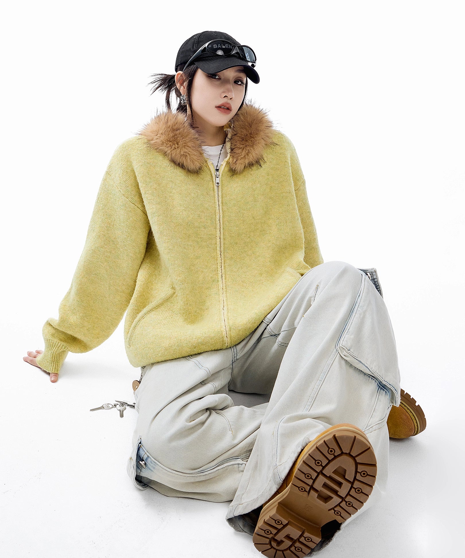 ICH MODE 美式可拆卸毛领黄色针织开衫女秋冬季宽松慵懒毛衣外套