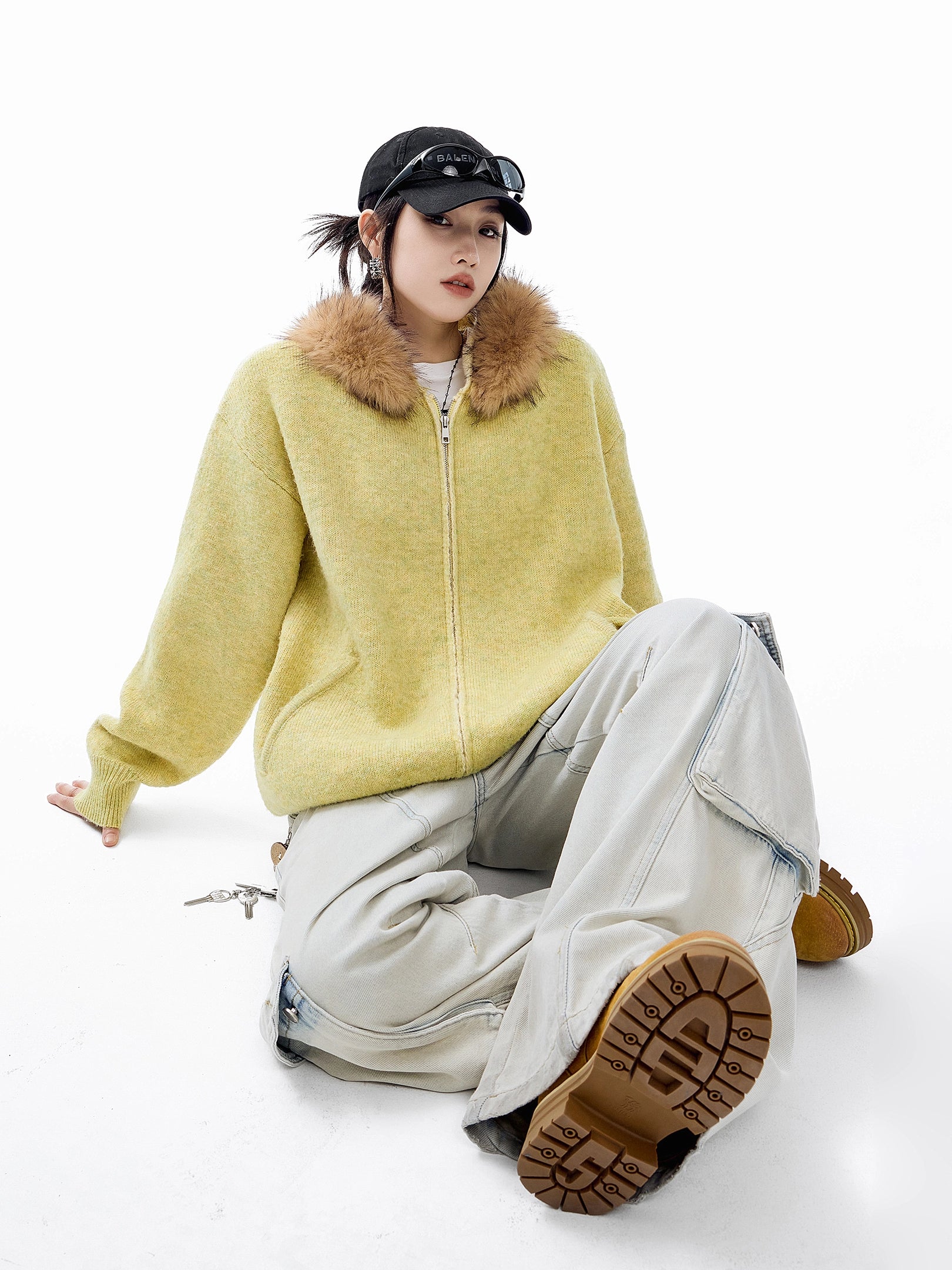 ICH MODE 美式可拆卸毛领黄色针织开衫女秋冬季宽松慵懒毛衣外套