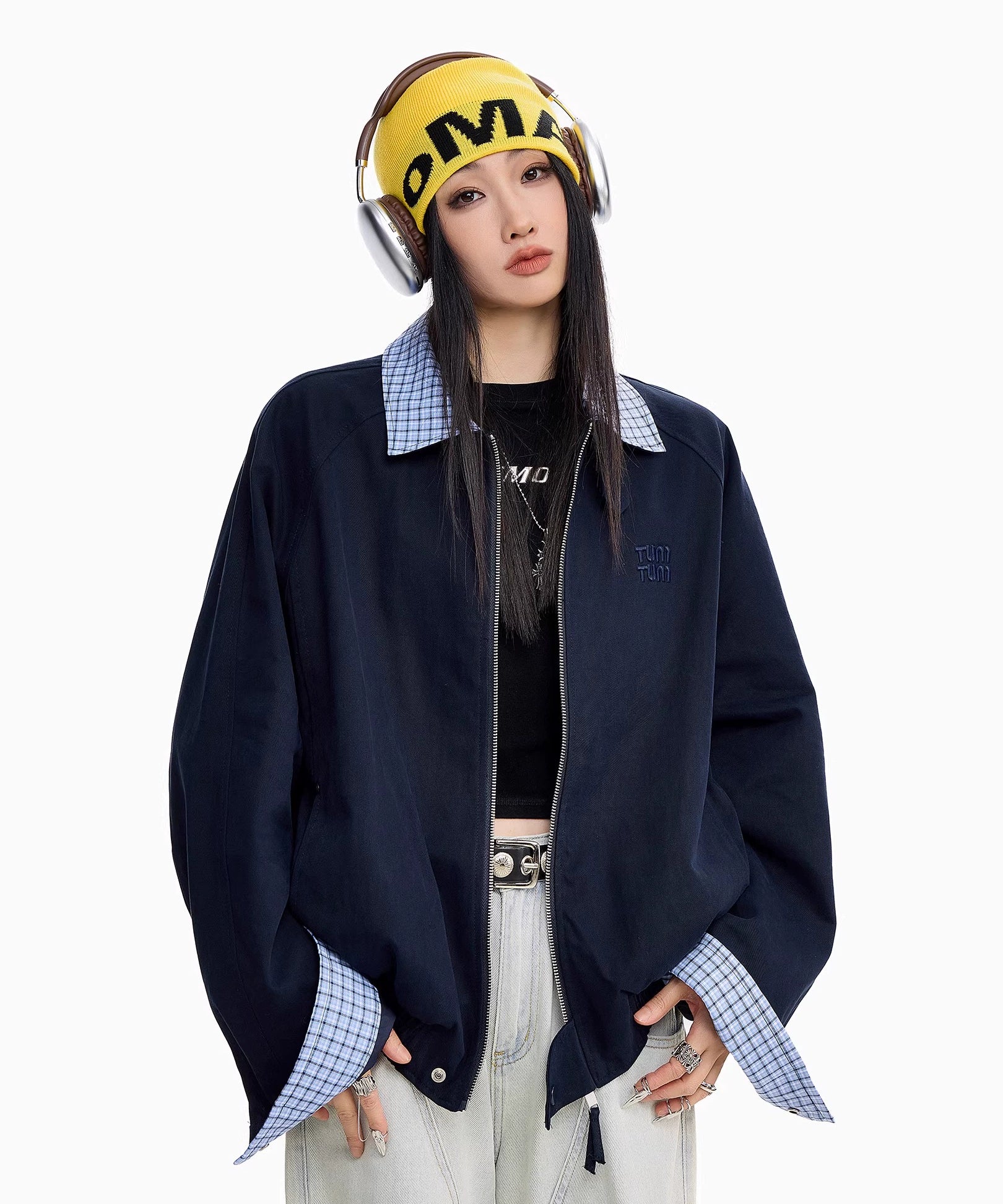 ICH MODE 美式复古格子拼接外套女秋冬宽松开衫夹克运动百搭上衣