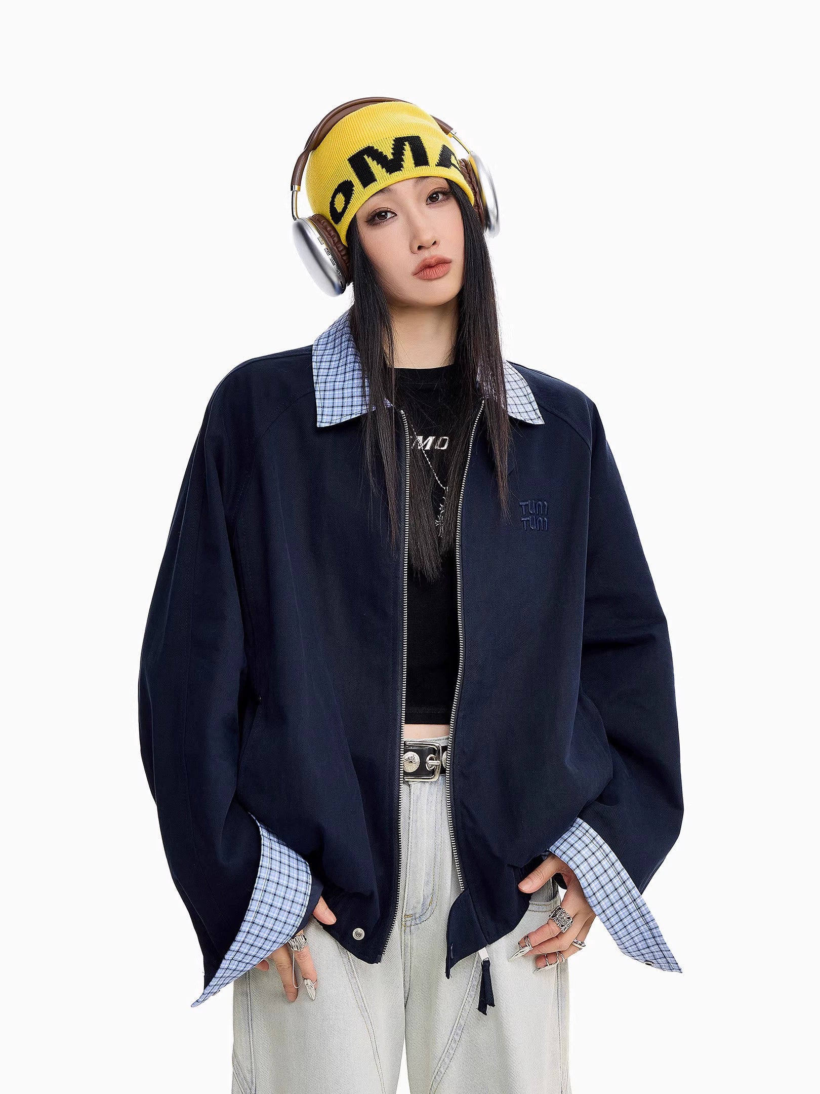 ICH MODE 美式复古格子拼接外套女秋冬宽松开衫夹克运动百搭上衣