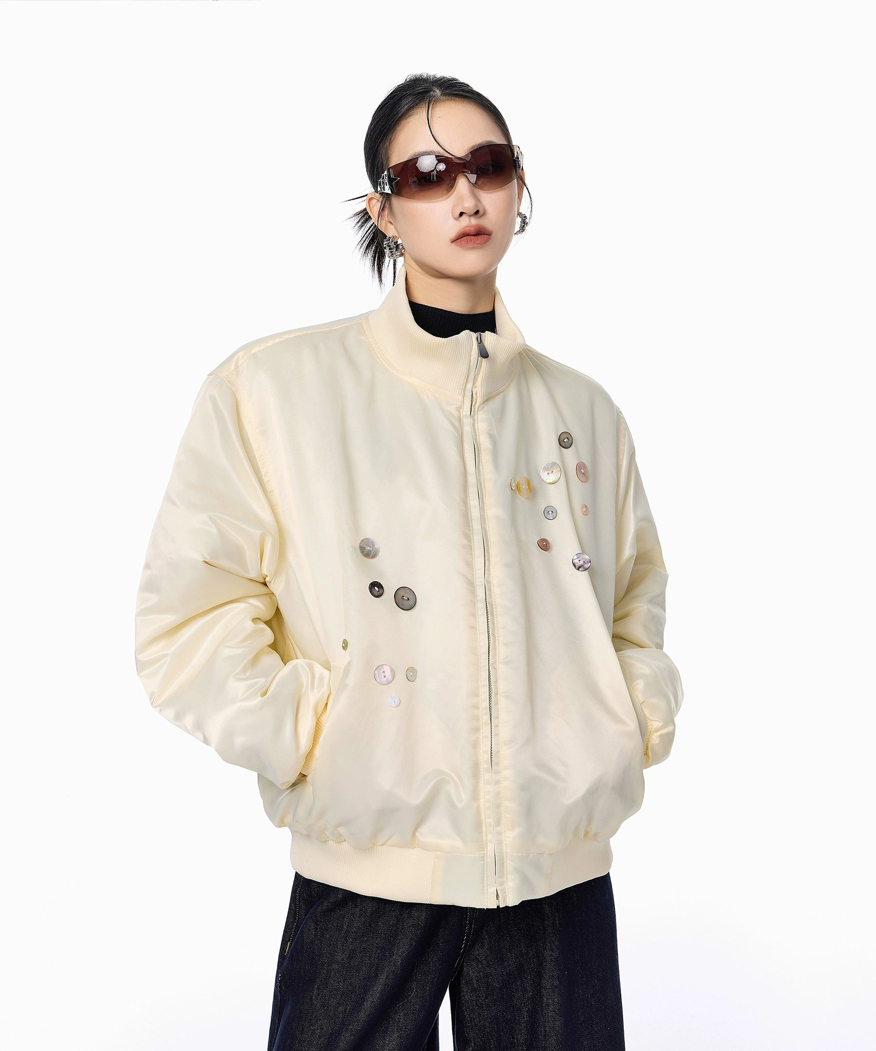 ICH MODE 美式复古彩扣薄棉服女2025新款秋冬季宽松立领棉衣外套