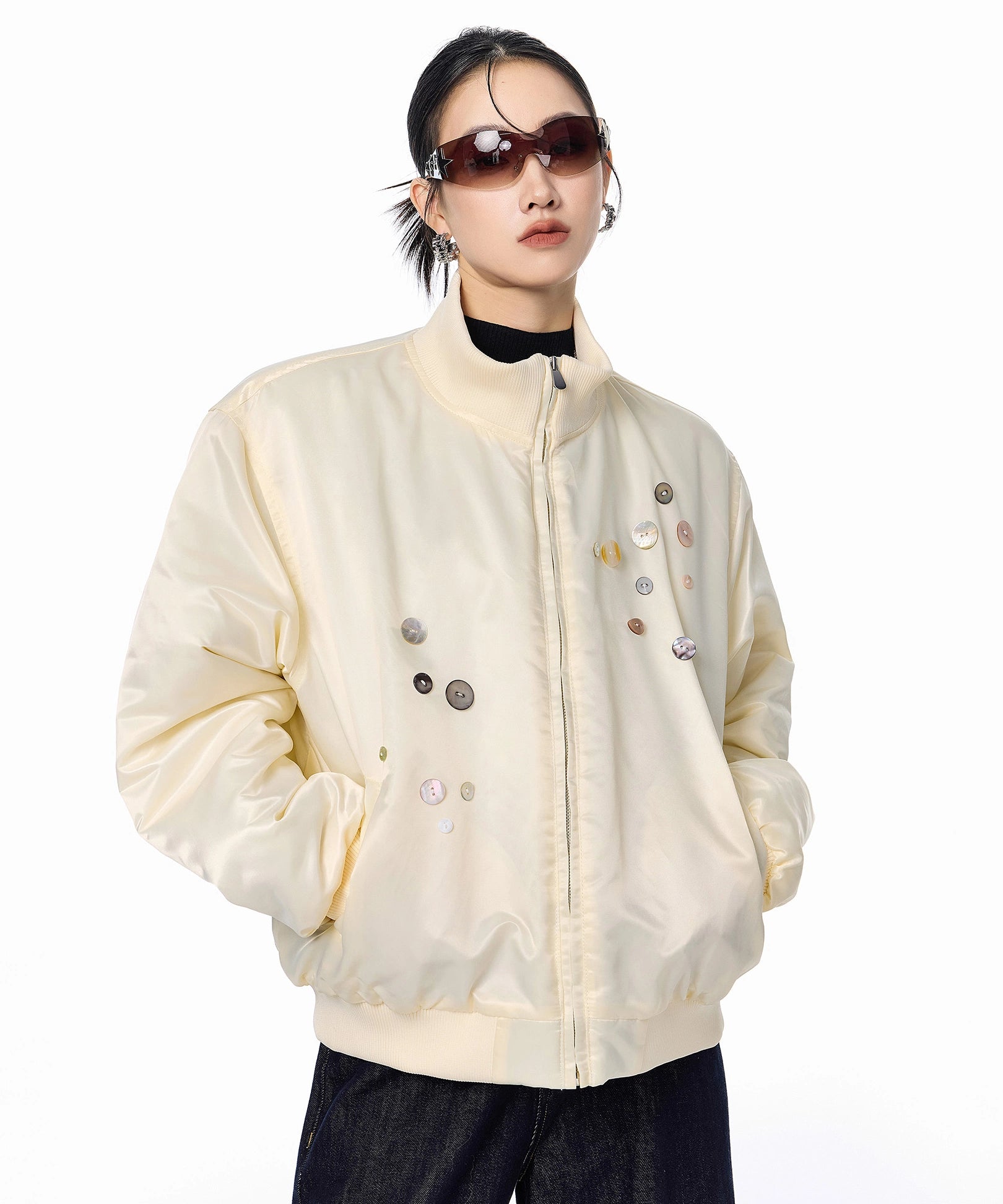 ICH MODE 美式复古彩扣薄棉服女2025新款秋冬季宽松立领棉衣外套