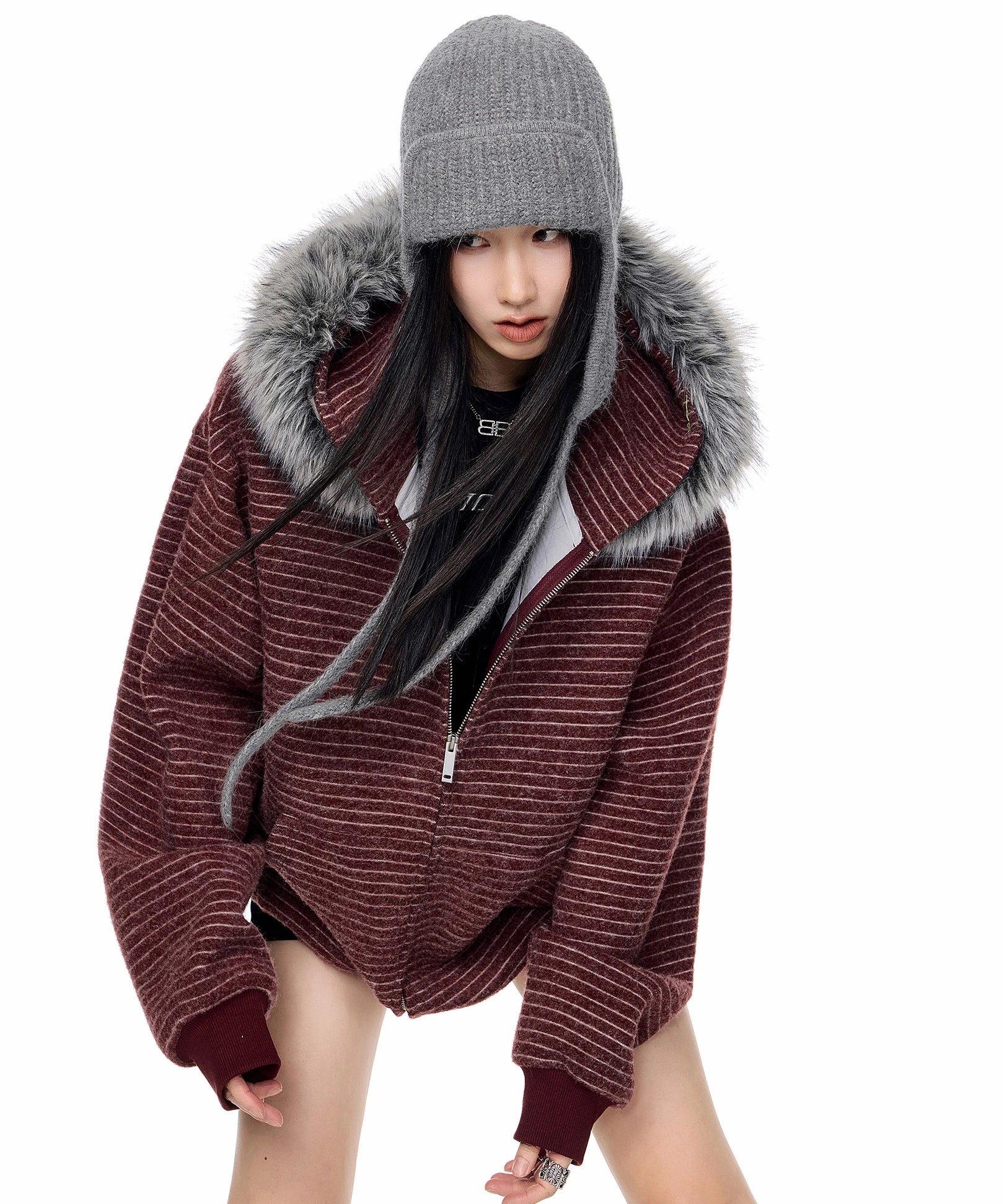 ICH MODE 美式复古毛领条纹连帽外套女秋冬宽松休闲卫衣开衫上衣