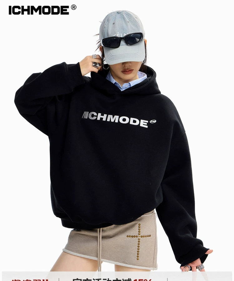 ICH MODE 美式印花黑色连帽卫衣女秋冬宽松流行外套上衣2025新款