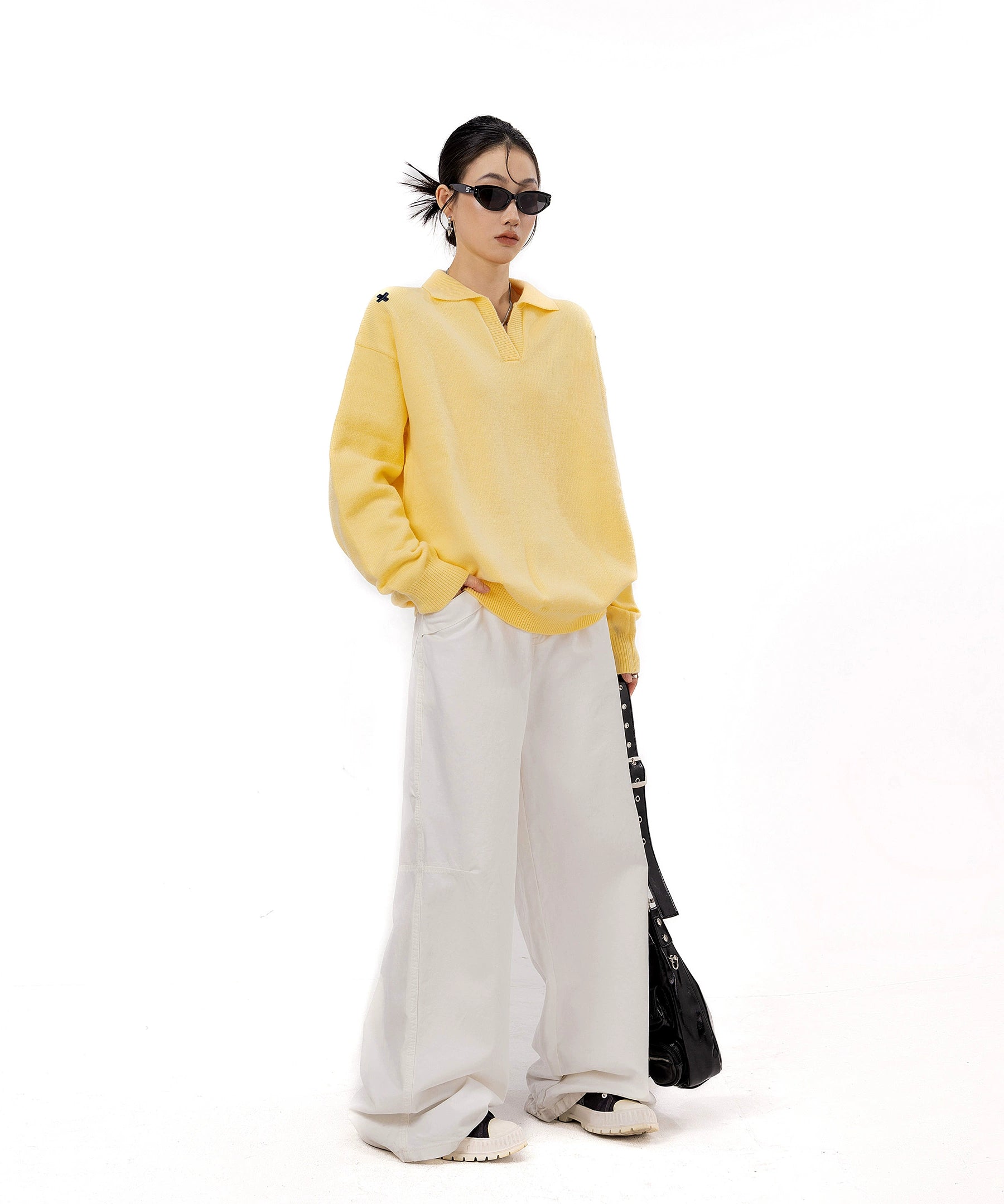 ICH MODE 美式V领套头毛衣外套女秋冬季新款休闲慵懒毛针织衫上衣