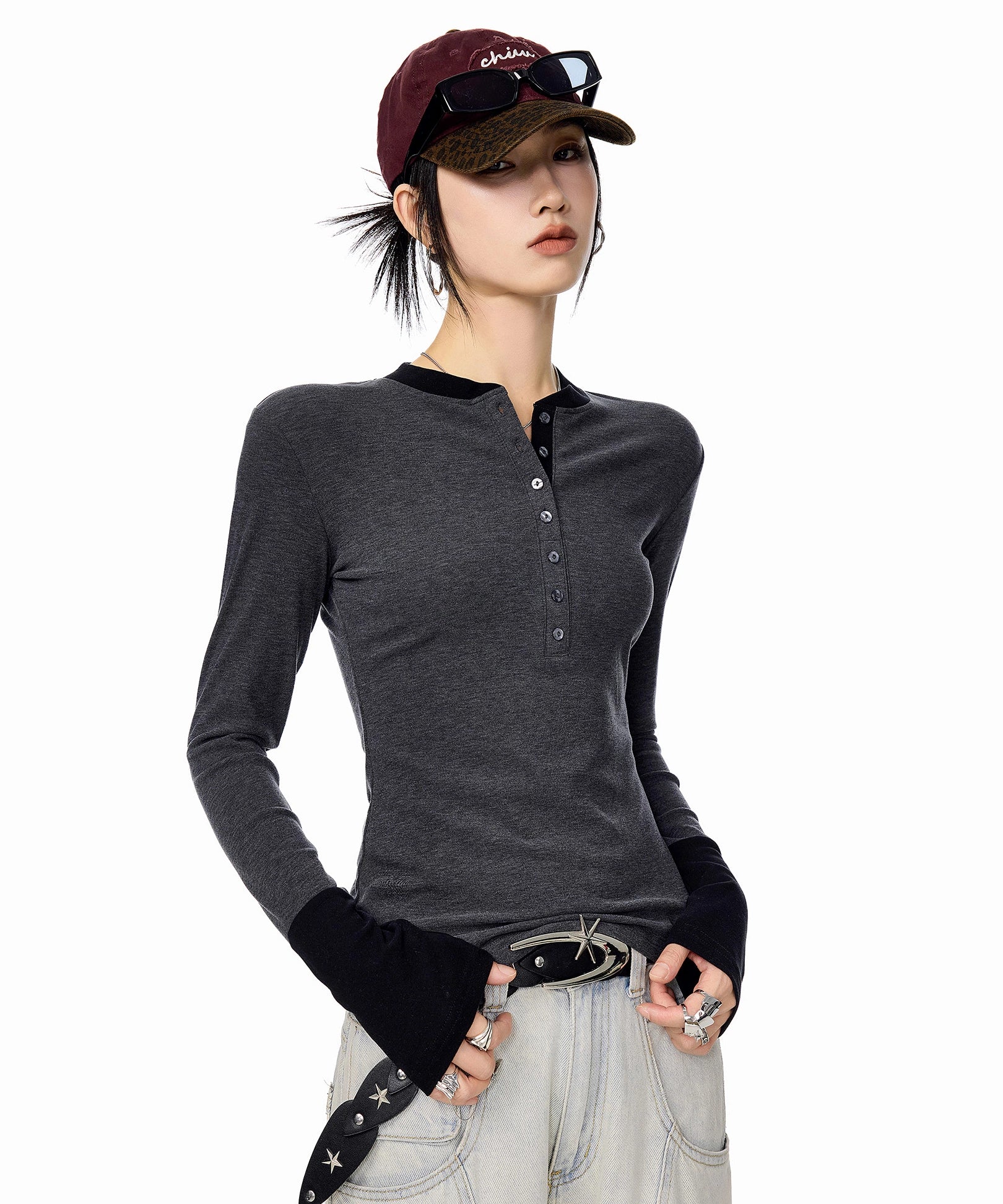 ICH MODE 美式复古假两件长袖T恤女秋冬亨利领一字肩修身打底上衣