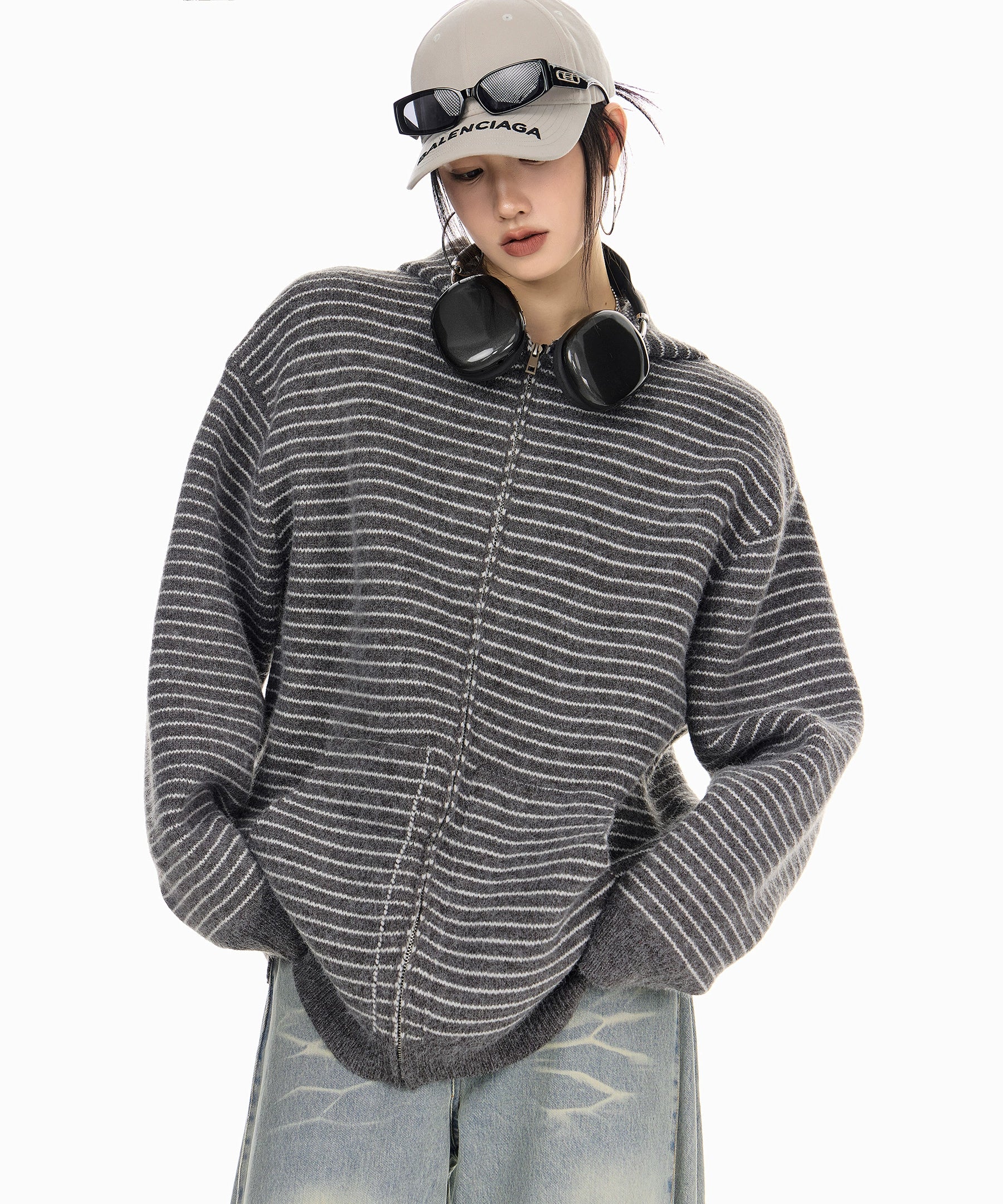 ICH MODE 美式复古条纹连帽毛针织开衫女秋冬季外搭宽松毛衣外套