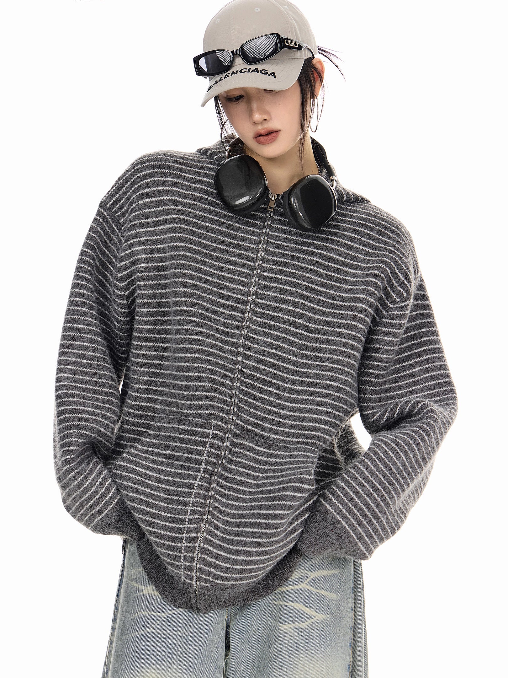 ICH MODE 美式复古条纹连帽毛针织开衫女秋冬季外搭宽松毛衣外套