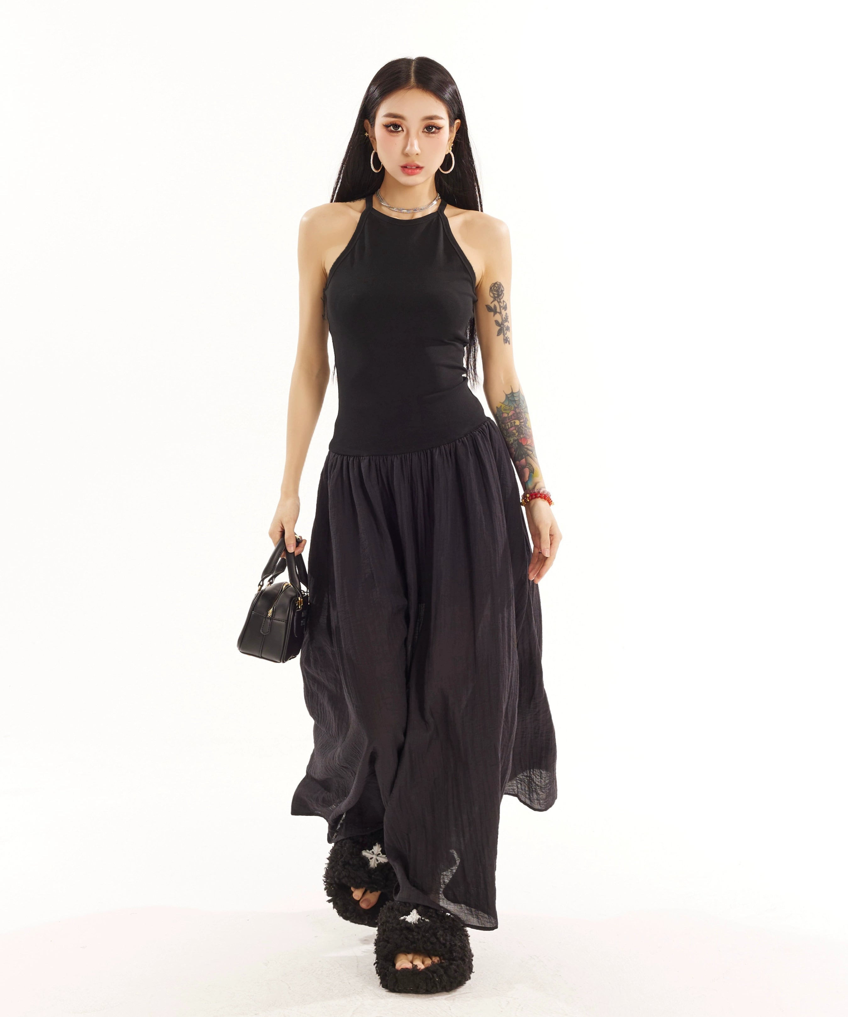 野生zero黑粉色拼接无袖背心连衣裙女春夏季设计感修身显瘦长裙子