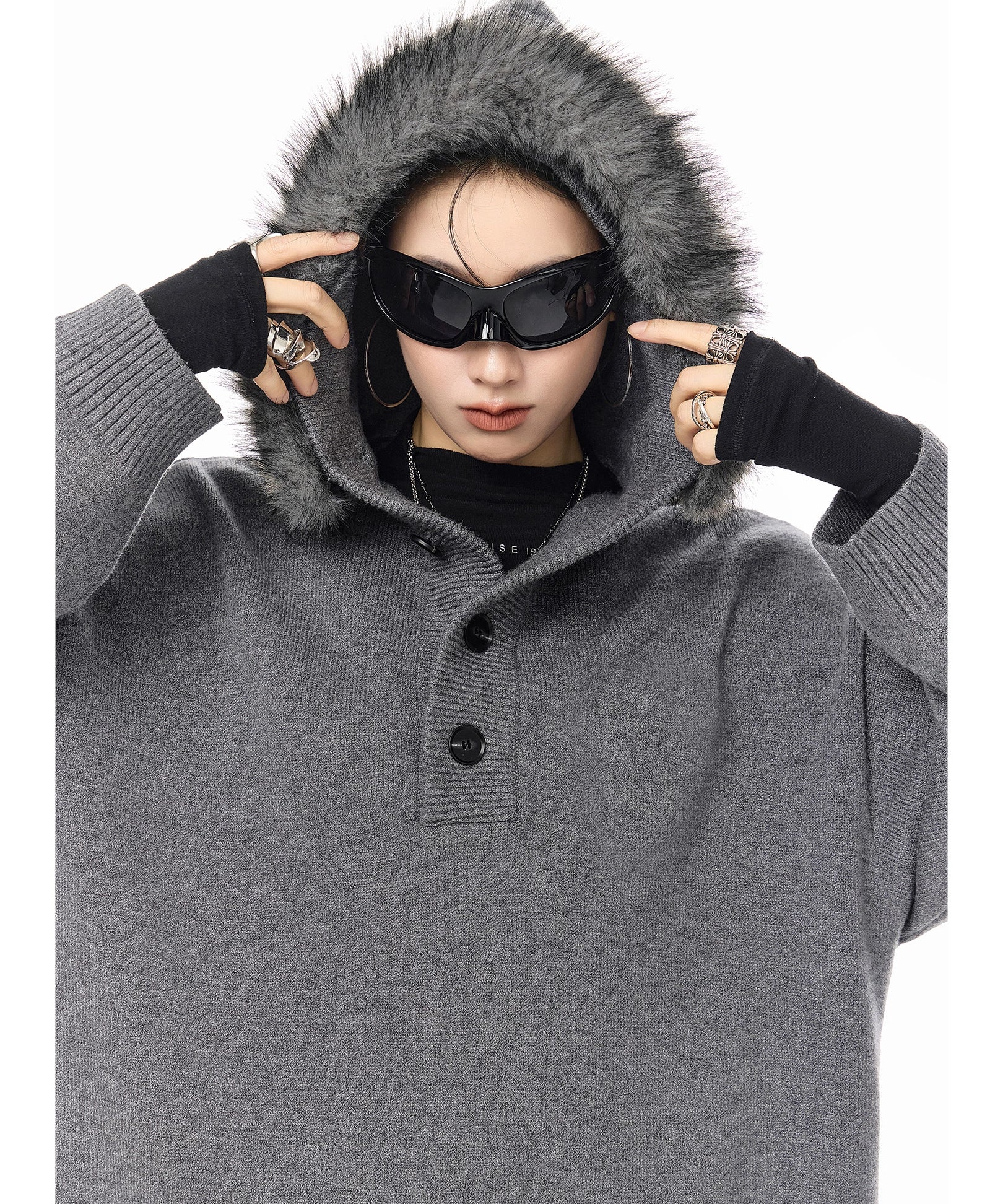 ICH MODE 美式复古毛领毛衣女秋冬季慵懒宽松连帽针织衫宽松外套