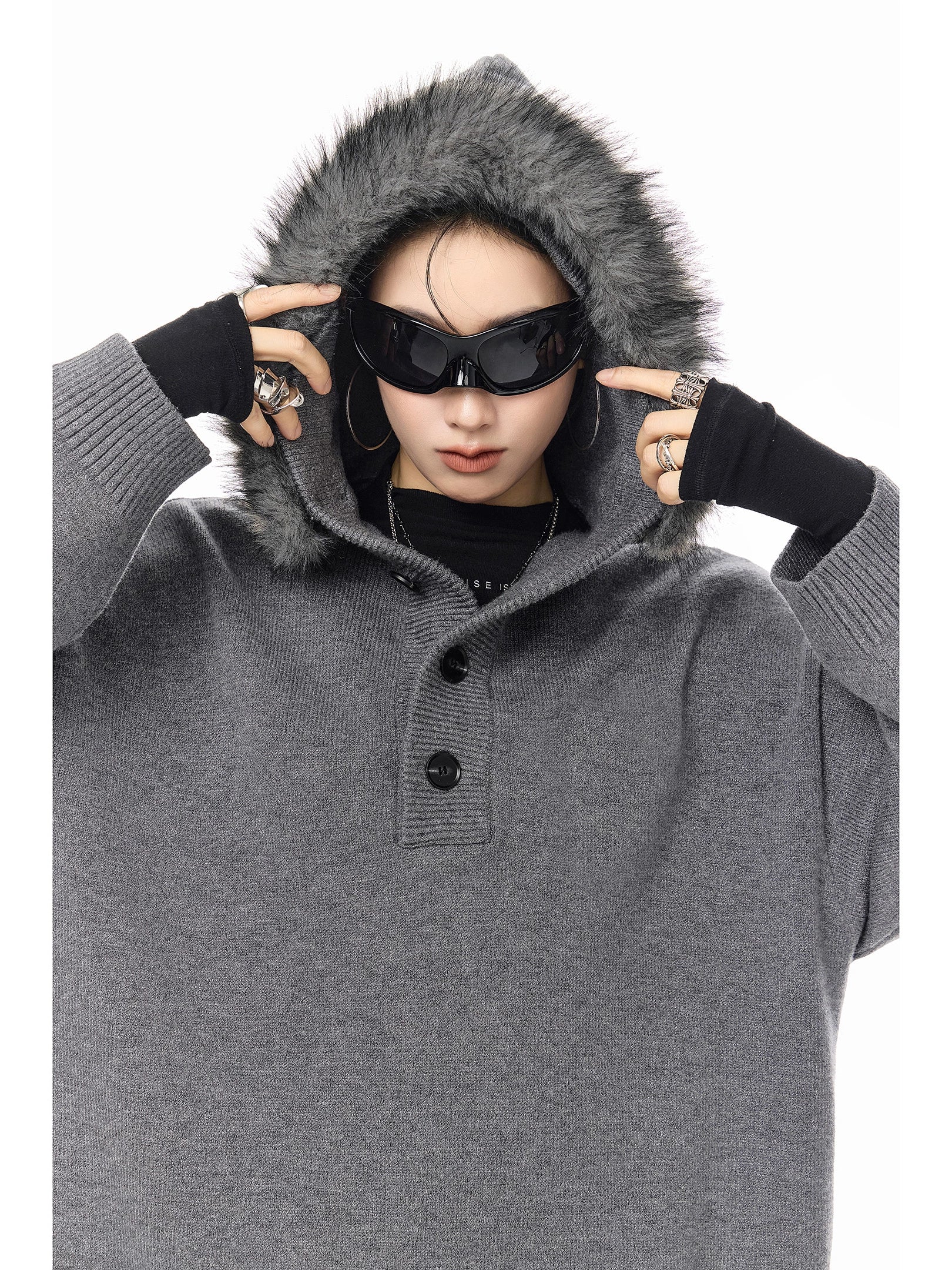 ICH MODE 美式复古毛领毛衣女秋冬季慵懒宽松连帽针织衫宽松外套