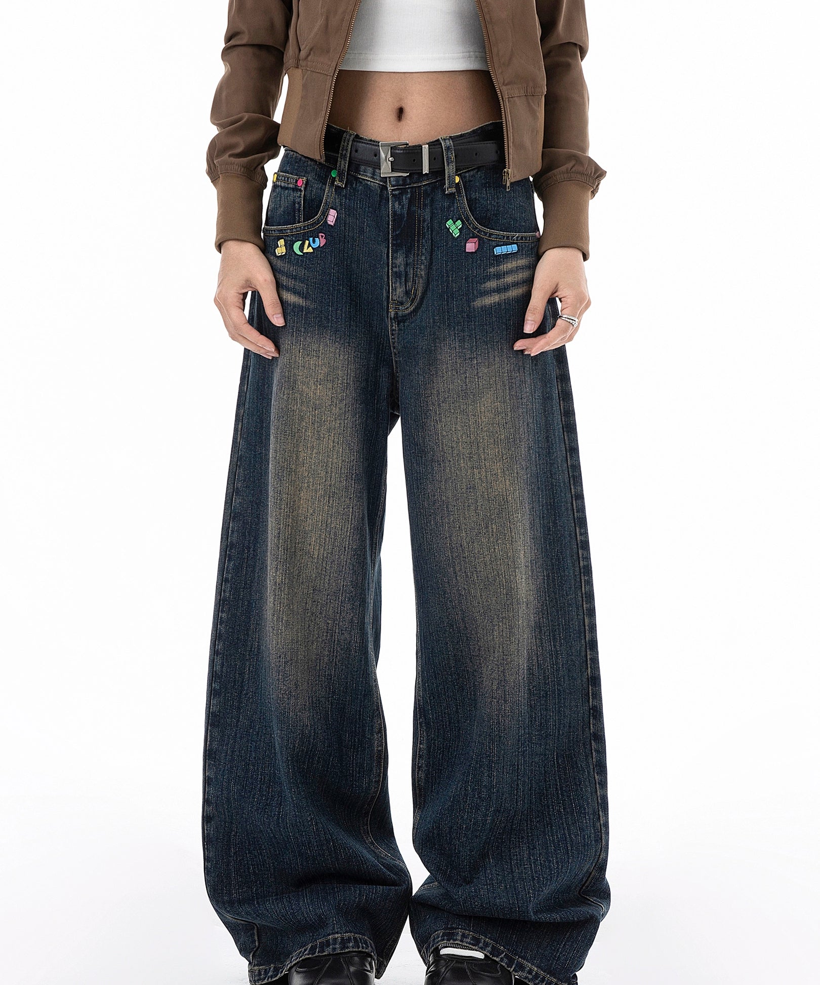 ICH MODE 美式复古水洗牛仔裤女秋冬新款直筒宽松裤子休闲阔腿裤