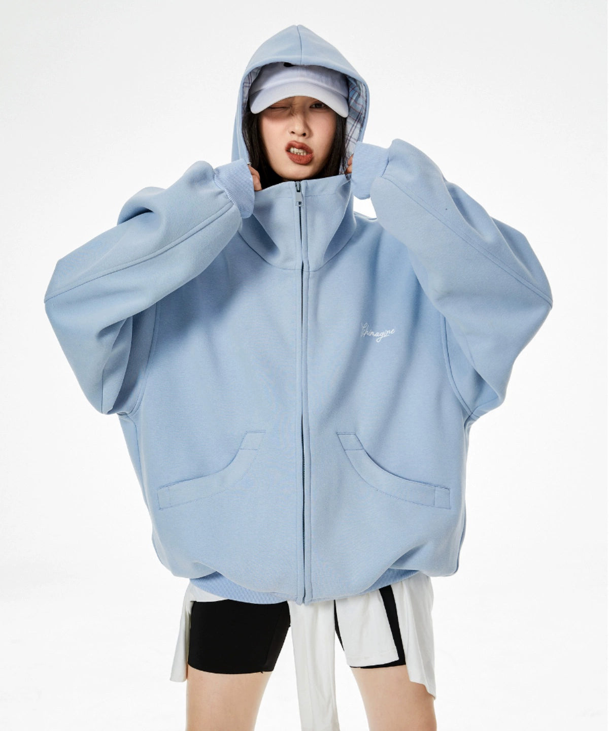 ICH MODE 明星同款 美式格子拼接卫衣外套女秋冬季运动开衫上衣