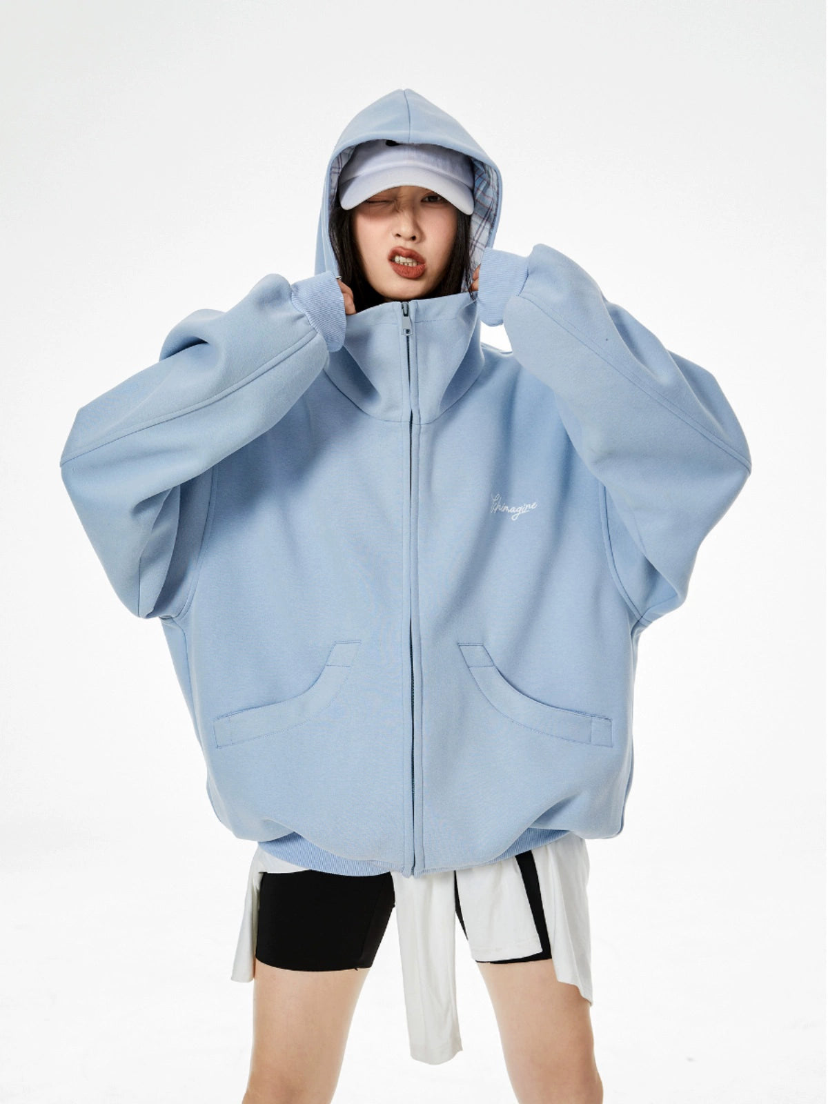 ICH MODE 明星同款 美式格子拼接卫衣外套女秋冬季运动开衫上衣