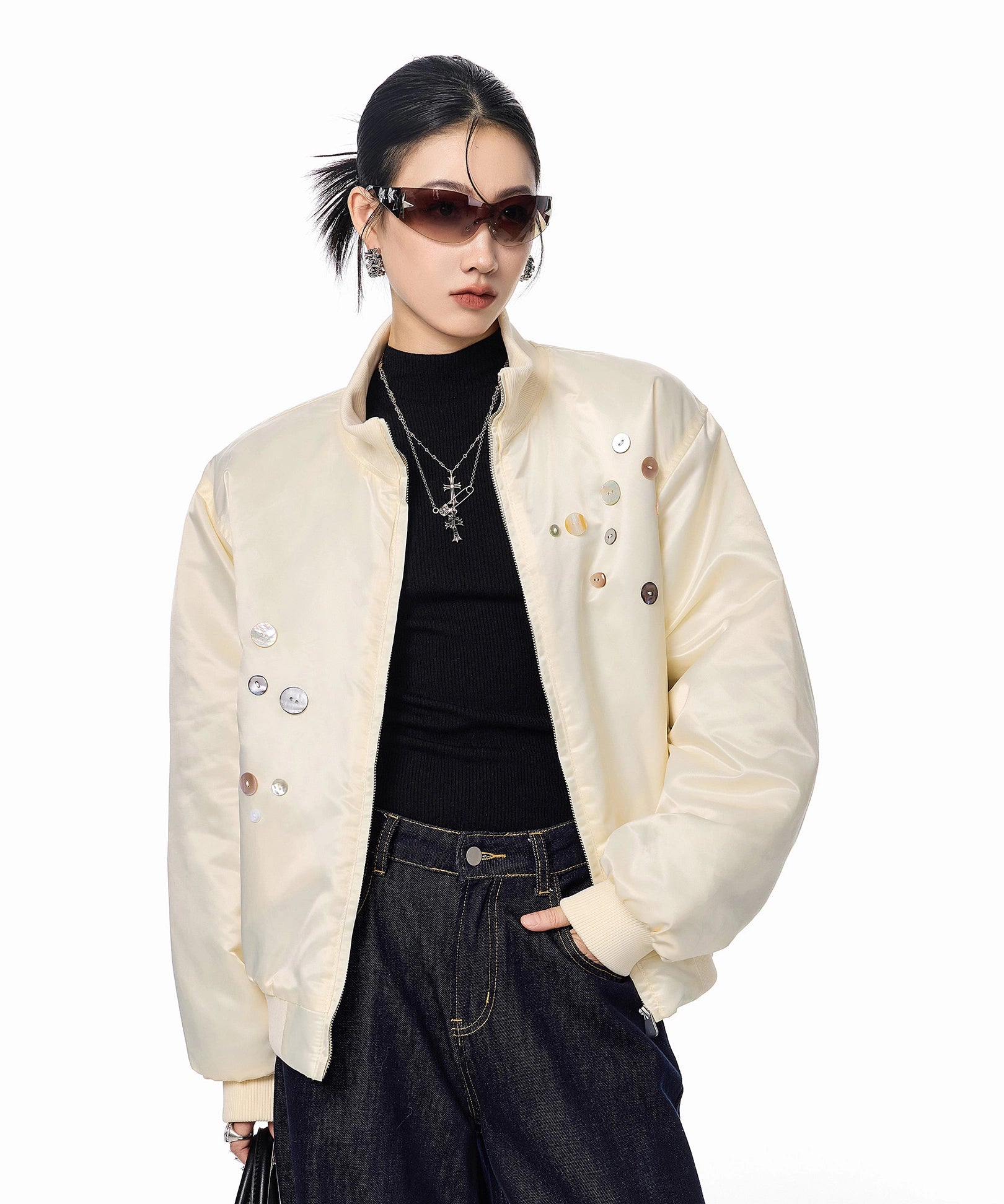 ICH MODE 美式复古彩扣薄棉服女2025新款秋冬季宽松立领棉衣外套