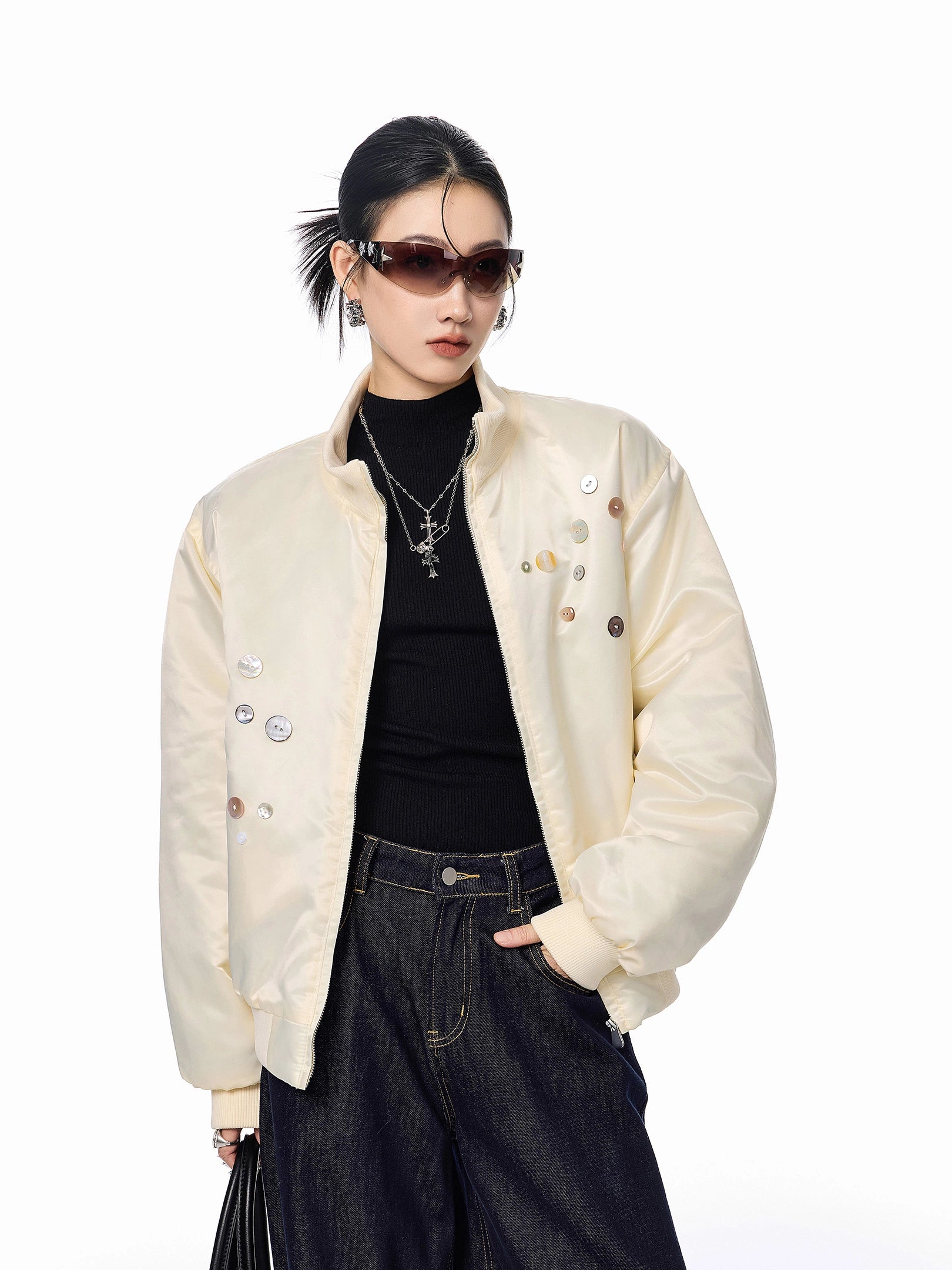 ICH MODE 美式复古彩扣薄棉服女2025新款秋冬季宽松立领棉衣外套