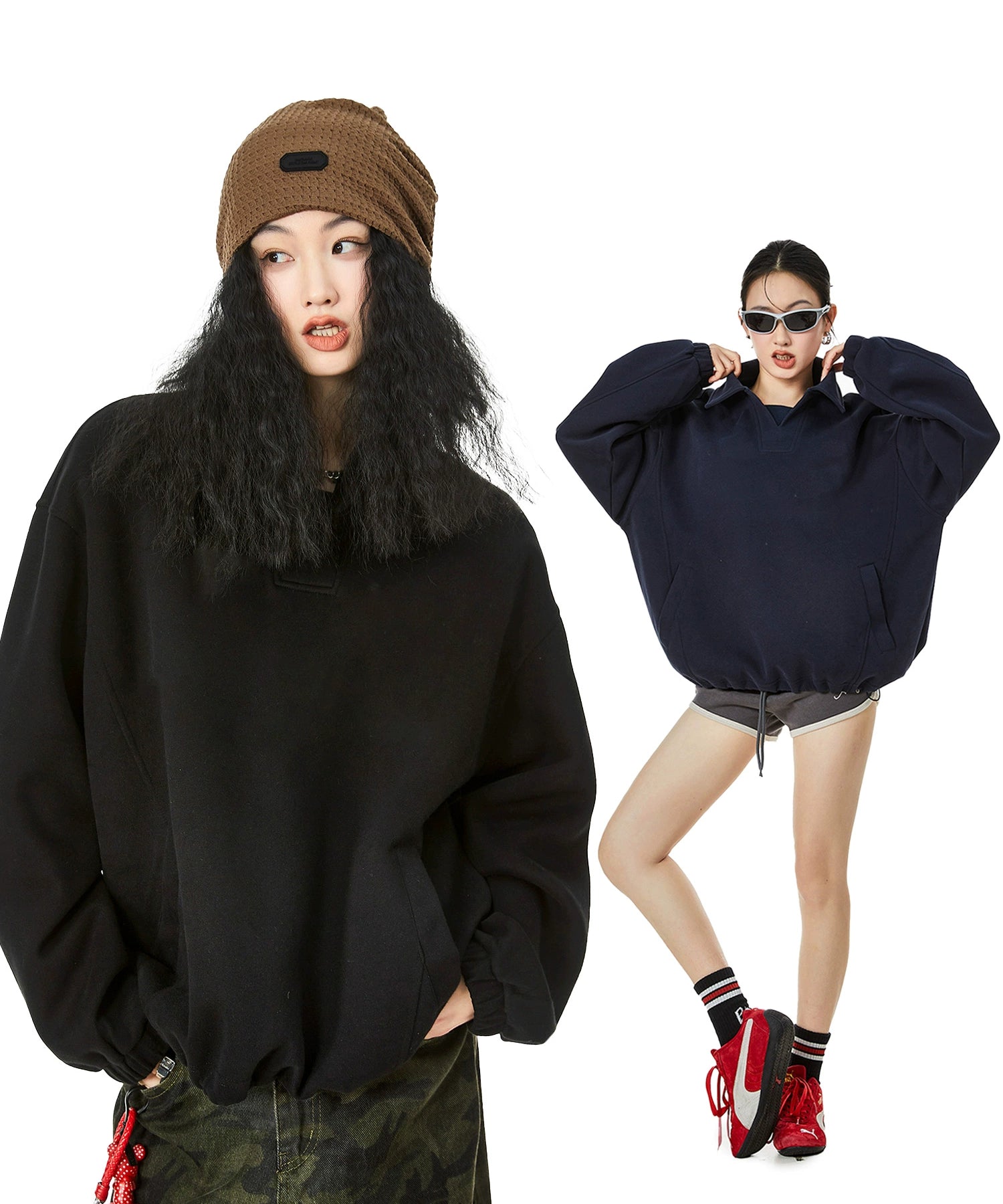 ICH MODE 美式POLO领纯色卫衣2025年秋冬新款慵懒风宽松上衣女款