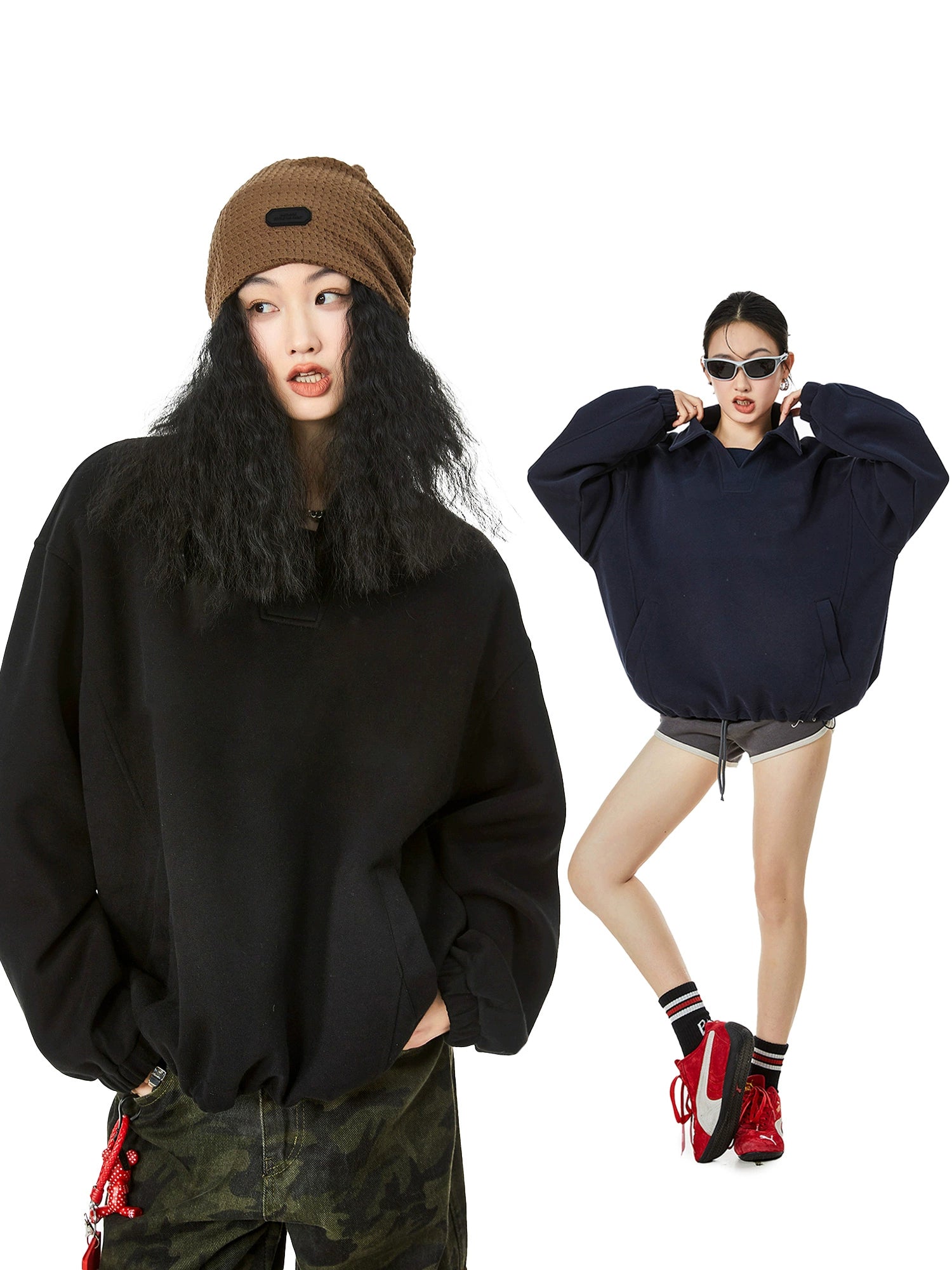 ICH MODE 美式POLO领纯色卫衣2025年秋冬新款慵懒风宽松上衣女款