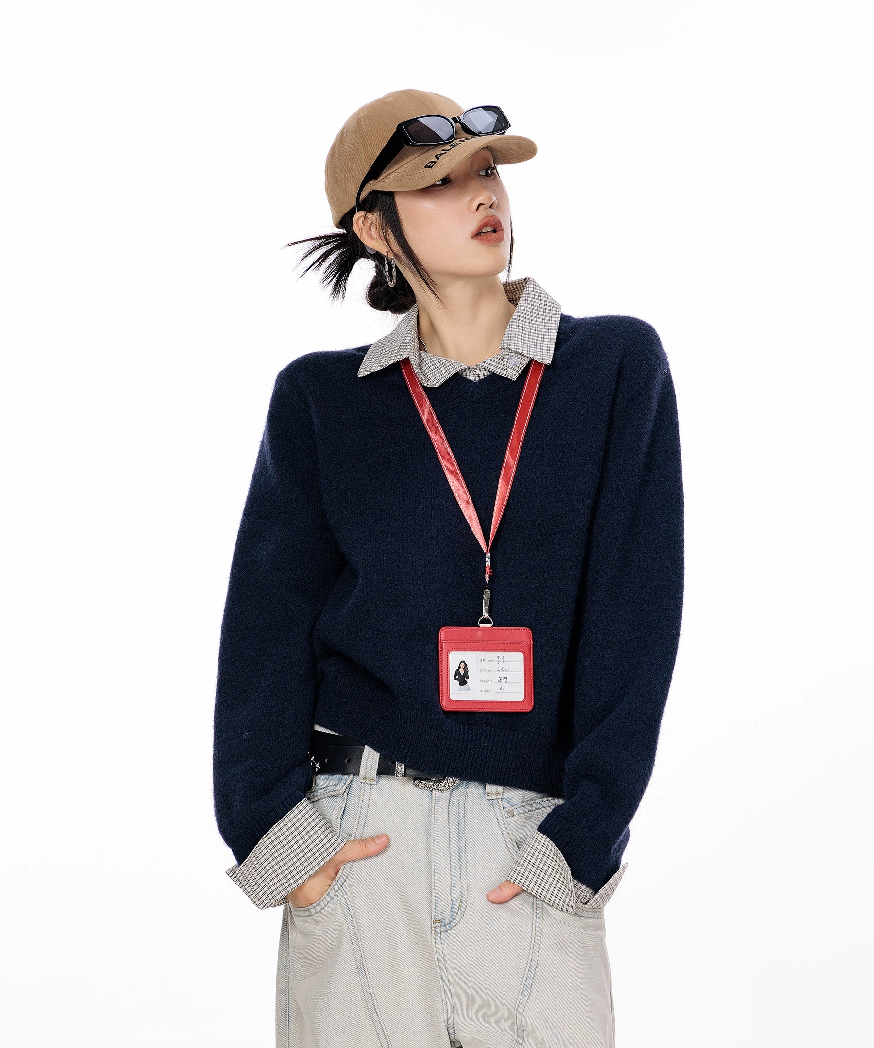 ICH MODE 美式复古假两件格子拼接毛衣女秋冬季毛针织衫POLO上衣