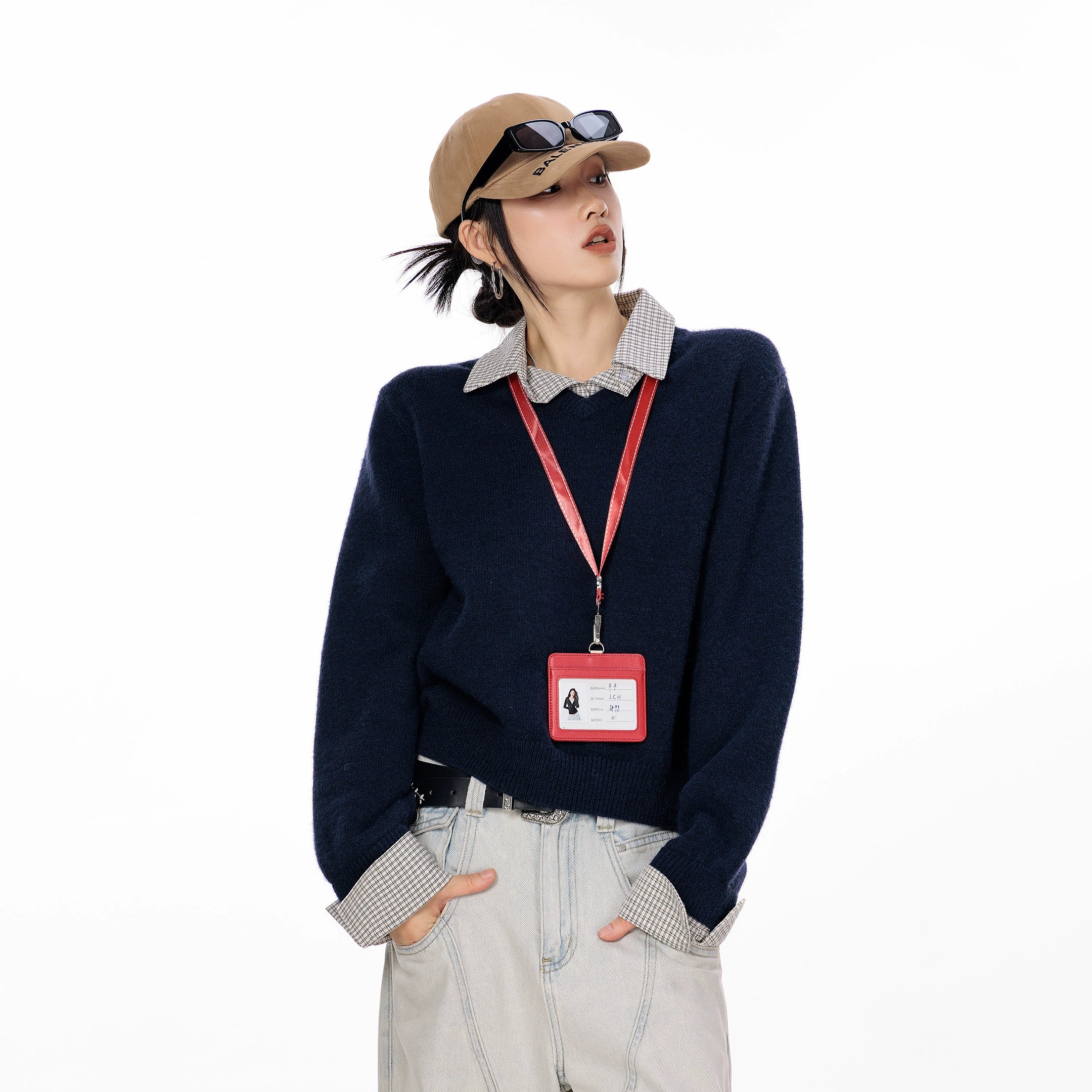 ICH MODE 美式复古假两件格子拼接毛衣女秋冬季毛针织衫POLO上衣