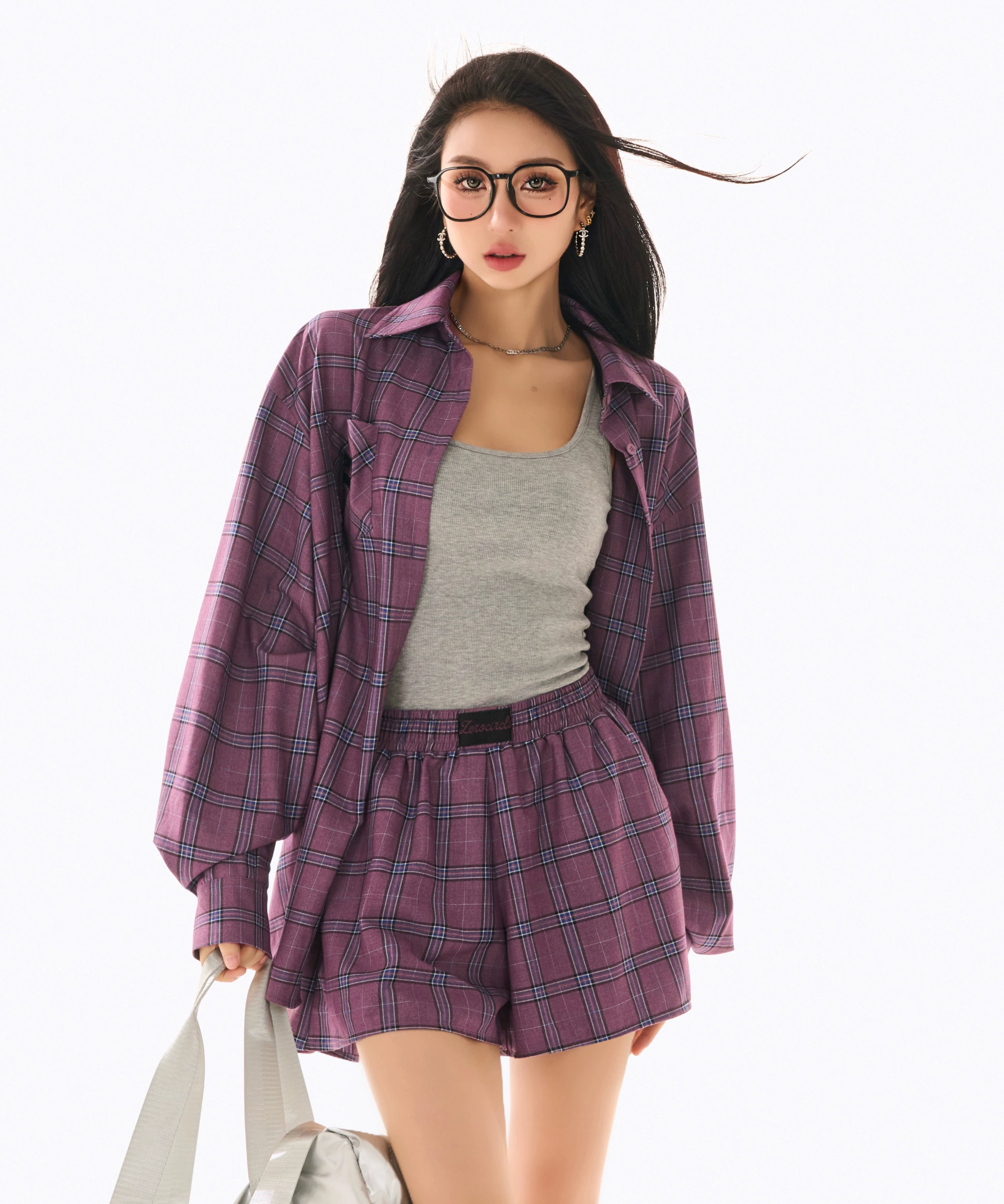 野生zerocircle休闲套装女春季蓝紫色格子宽松长袖衬衫显瘦短裤子