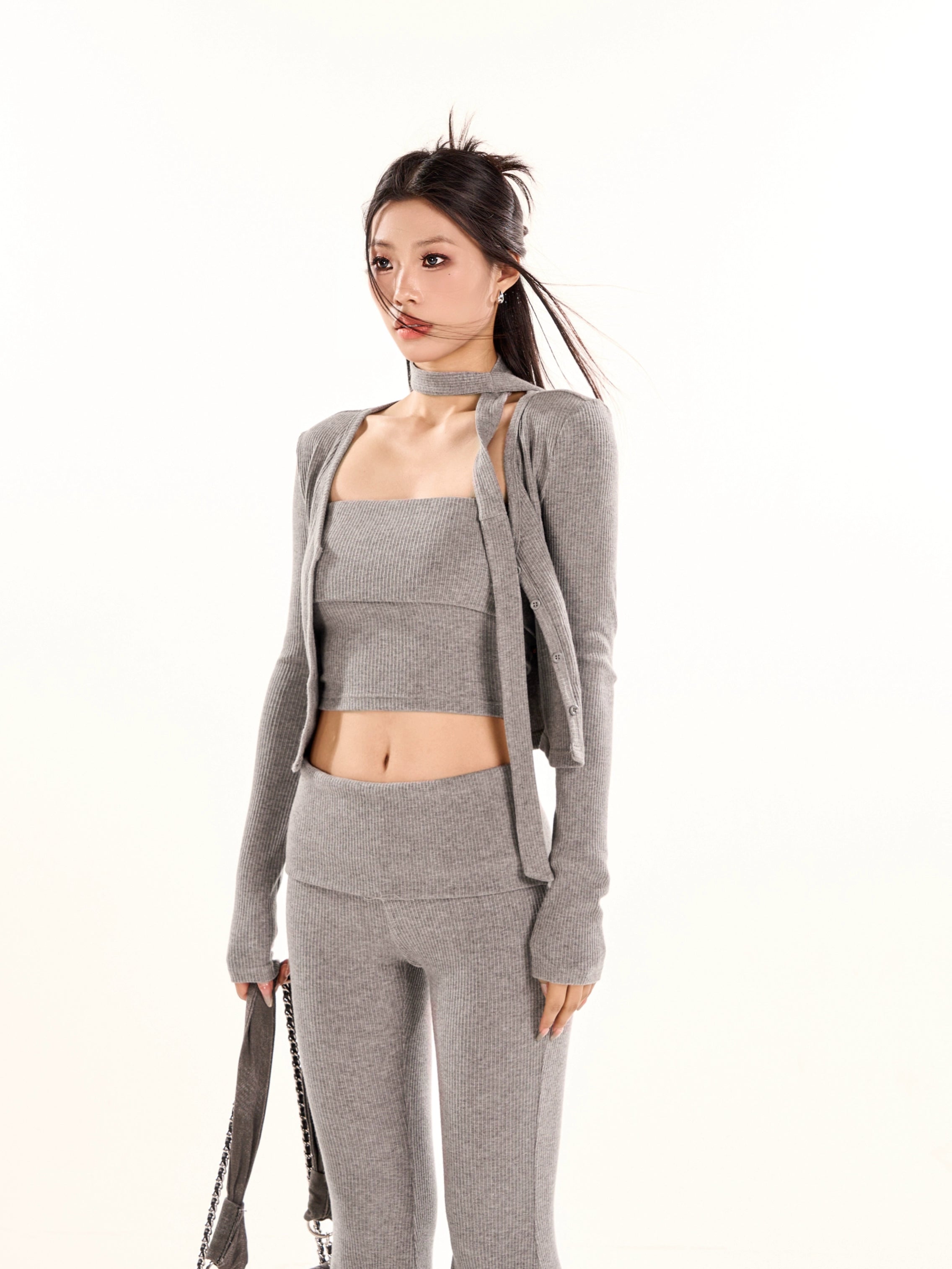 野生zero灰色针织开衫三件套装女春夏季抹胸辣妹上衣修身微喇裤子