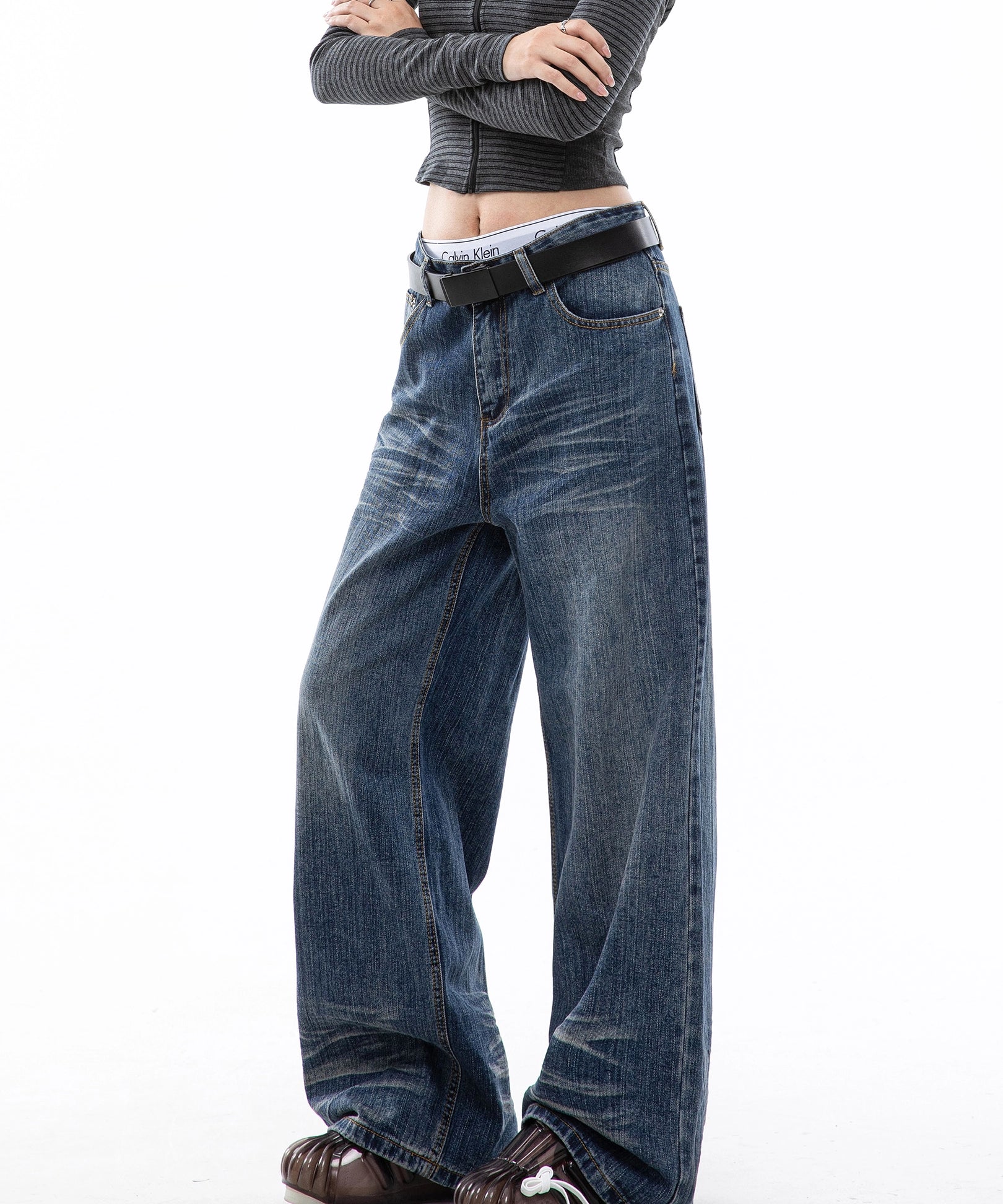 ICH MODE 美式复古水洗蓝牛仔裤女秋冬宽松直筒裤百搭休闲阔腿裤