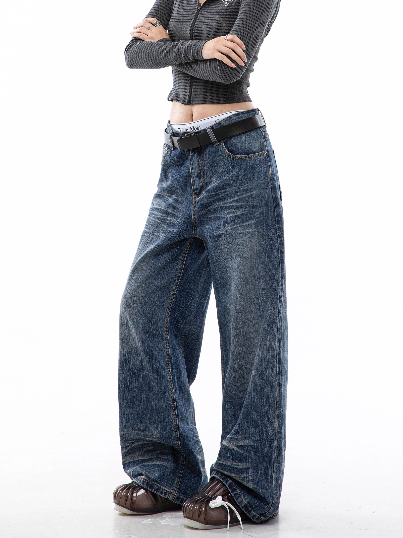 ICH MODE 美式复古水洗蓝牛仔裤女秋冬宽松直筒裤百搭休闲阔腿裤