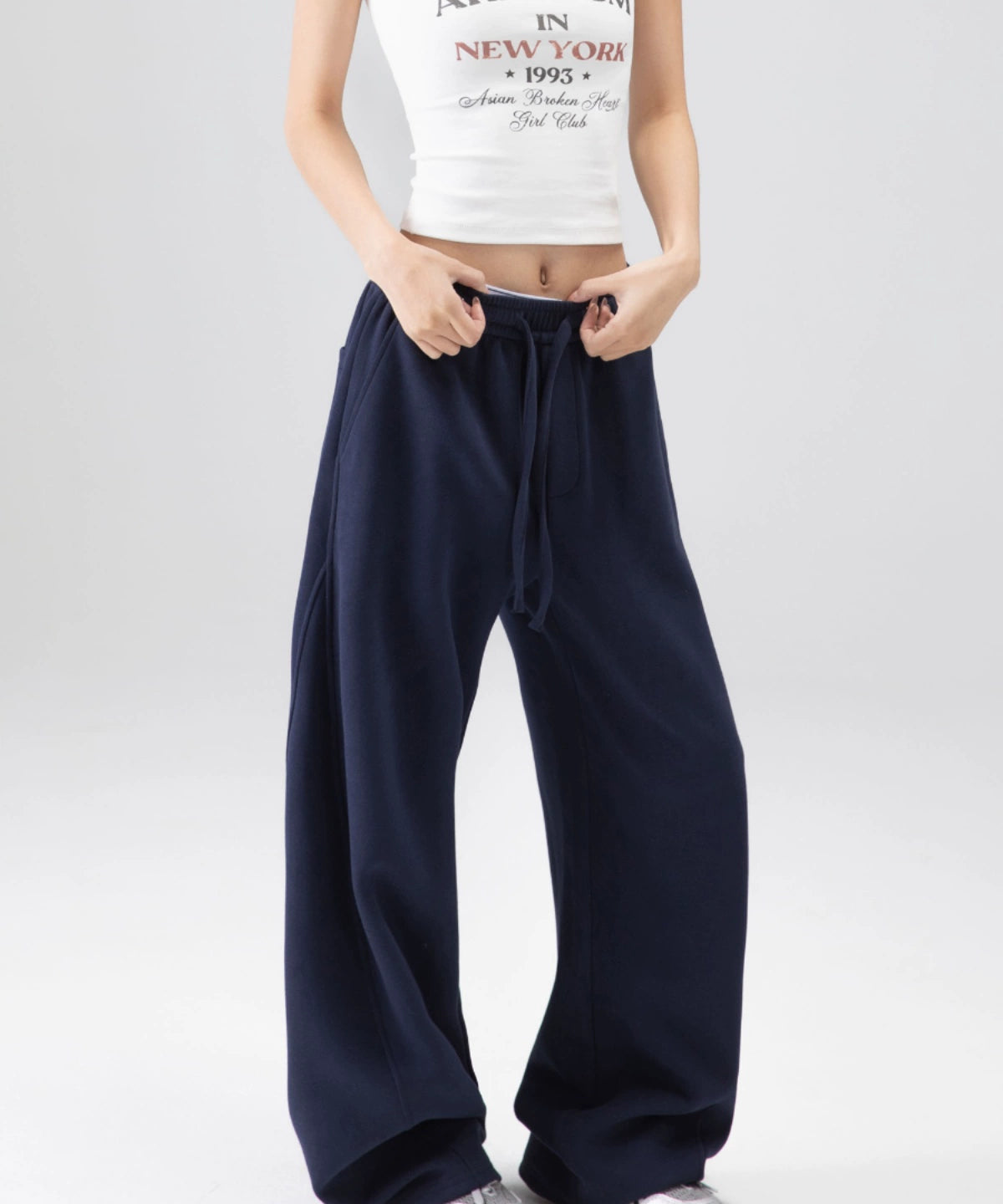 ICH MODE 美式加绒卫裤运动裤女秋冬新款宽松阔腿休闲裤弯刀裤子