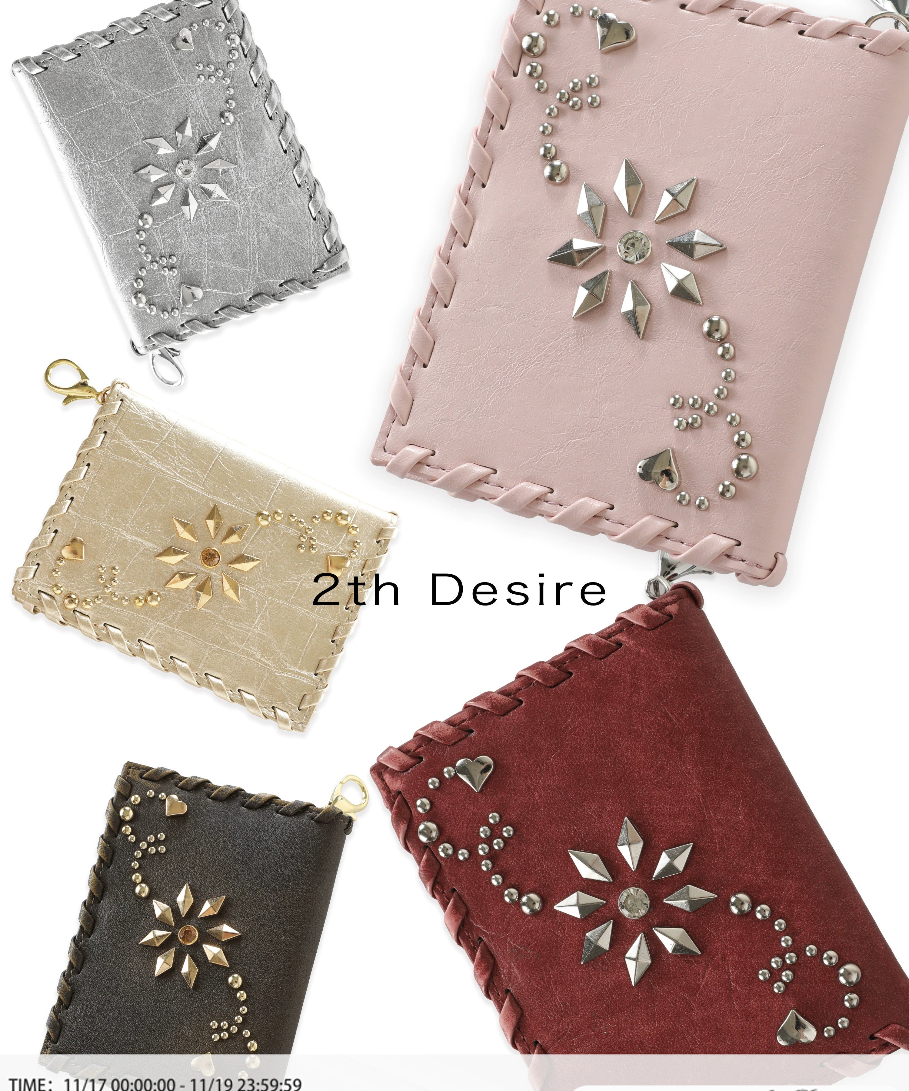 2th Desire复古朋克爱心花朵环绕式铆钉编织拉链卡包两折卡夹钱包