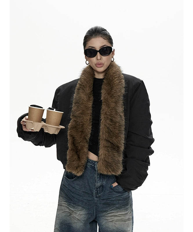 野生zero带毛领宽松加厚棉服女秋冬新款美式复古宽松开衫棉衣外套