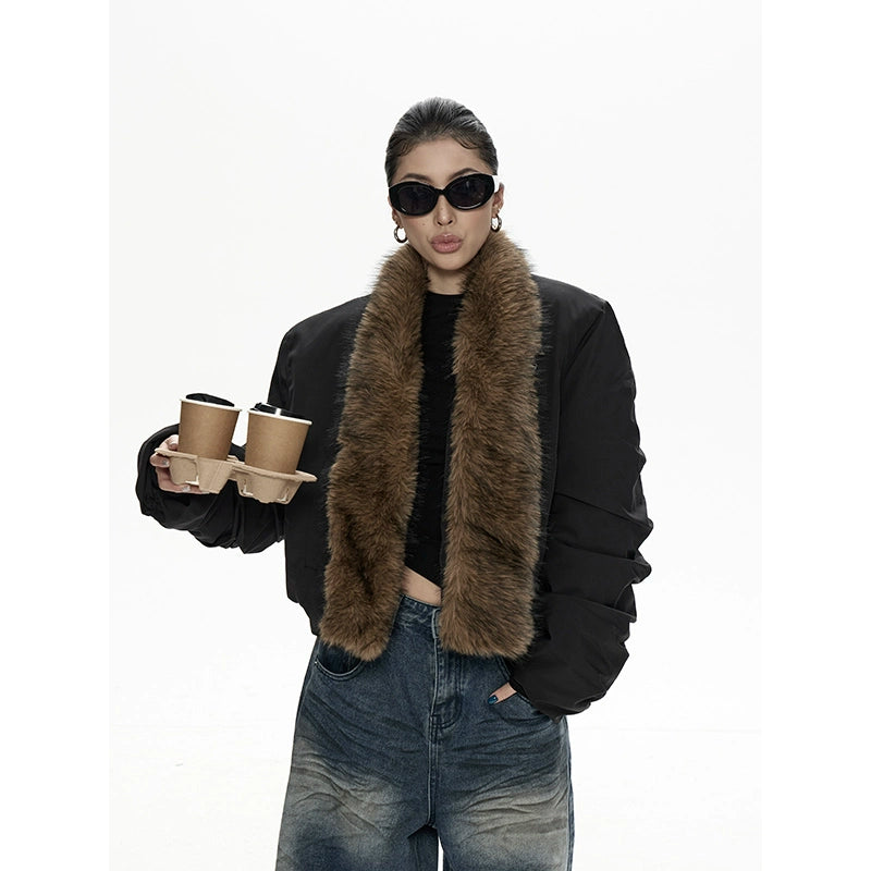 野生zero带毛领宽松加厚棉服女秋冬新款美式复古宽松开衫棉衣外套