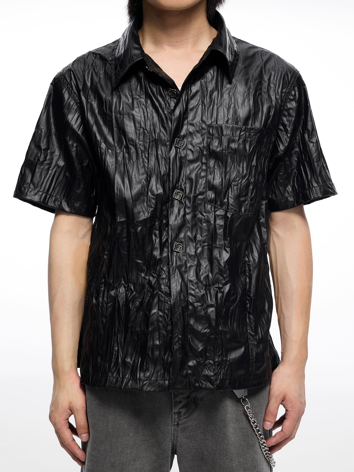 皮感肌理褶皱短袖衬衫定制金属纽扣boxy版型男TERRAINCOGNITA24SS