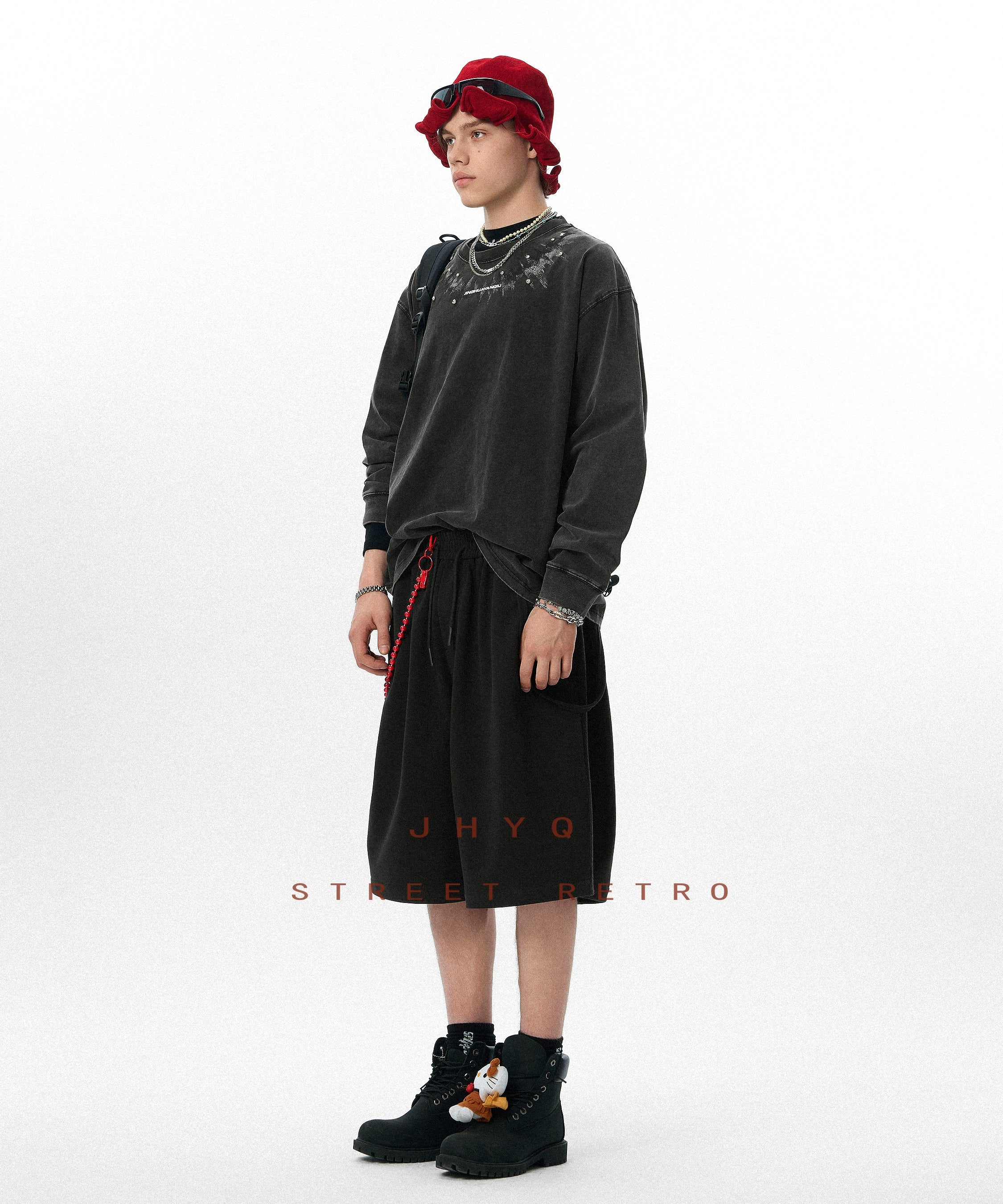 脉冲波丨JHYQ美式复古印花水洗重磅320g长袖T恤男宽松镶钻卫衣衫