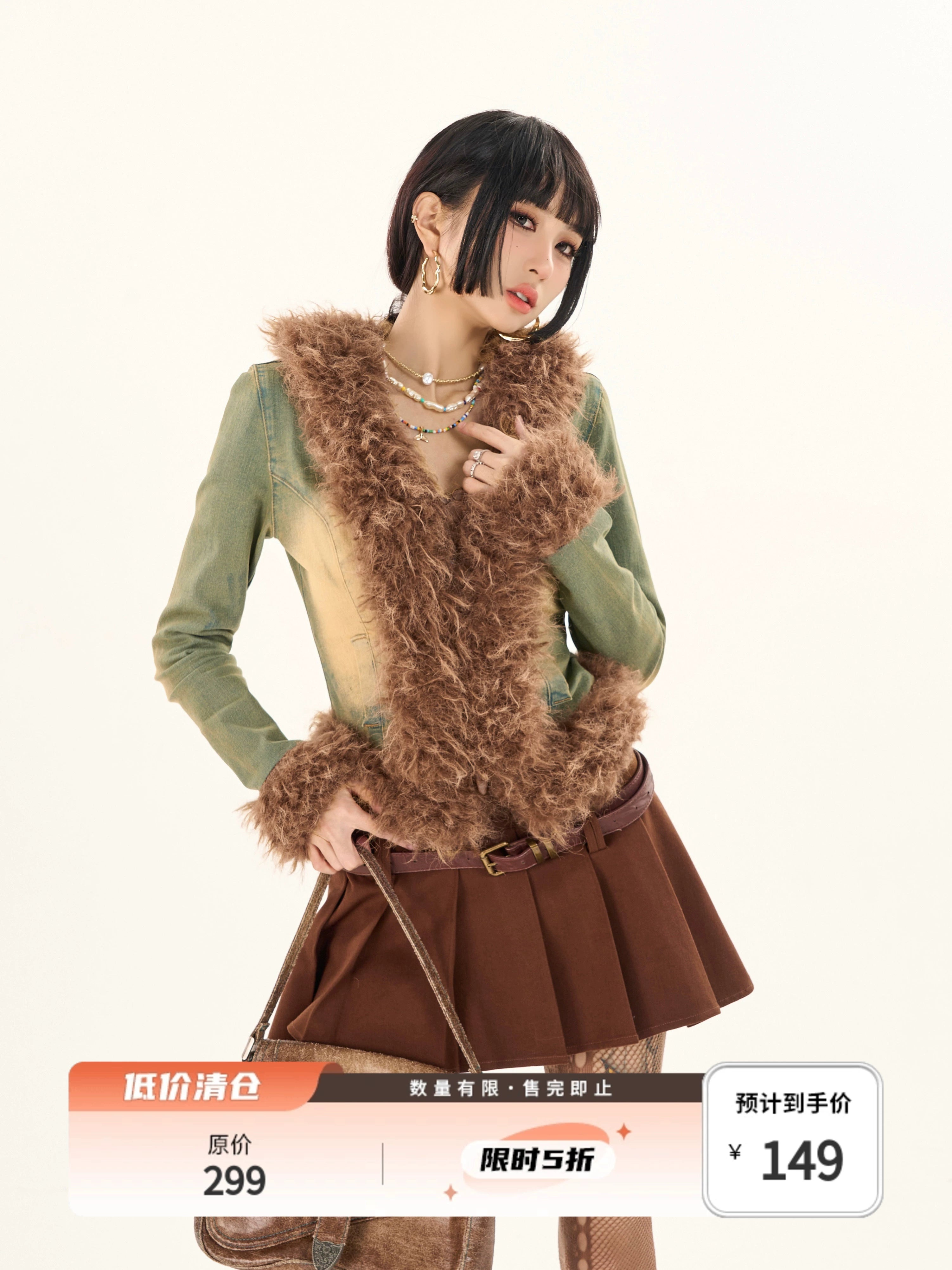 野生zerocircle毛毛拼接牛仔外套女春秋季高级设计感修身显瘦休闲