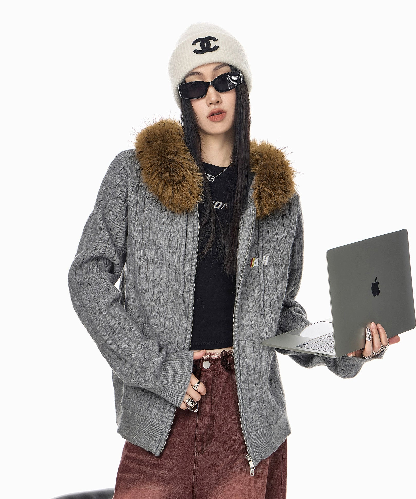 ICH MODE 美式复古刺绣毛领连帽针织开衫女秋冬休闲慵懒毛衣外套