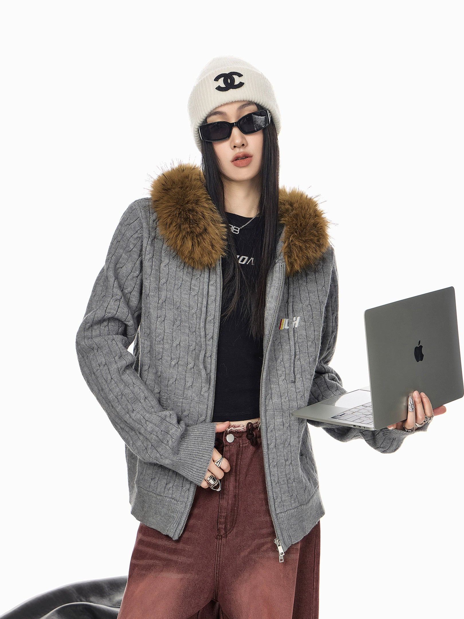 ICH MODE 美式复古刺绣毛领连帽针织开衫女秋冬休闲慵懒毛衣外套