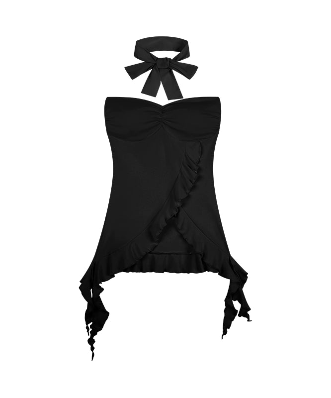 野生zero黑色抹胸女夏外穿辣妹修身显瘦荷叶边无袖短款带胸垫上衣