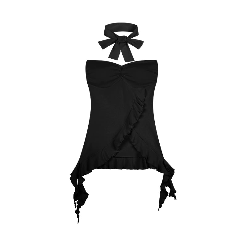 野生zero黑色抹胸女夏外穿辣妹修身显瘦荷叶边无袖短款带胸垫上衣