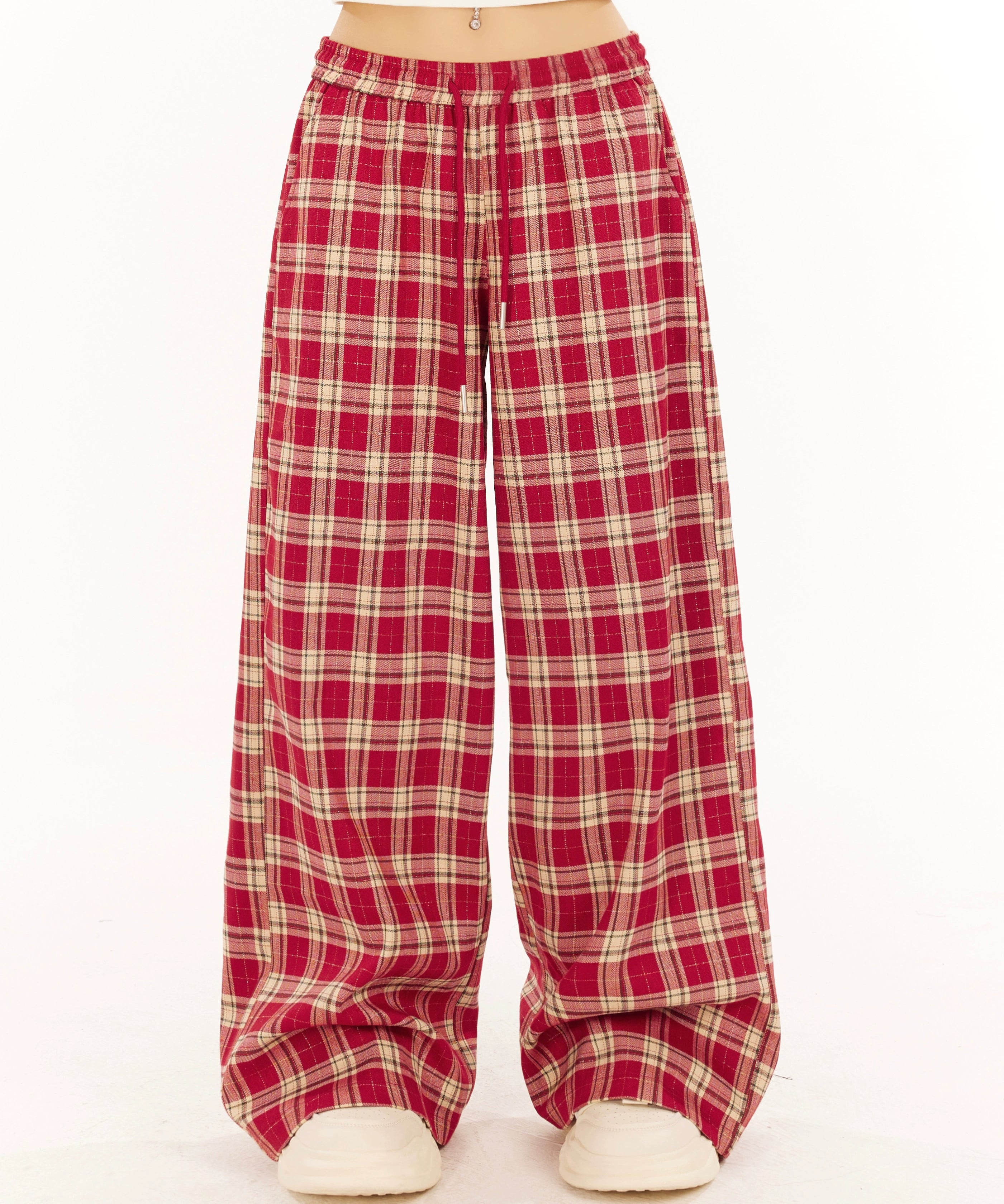 野生zero红色格子裤女春夏显瘦宽松慵懒风设计感阔腿直筒休闲裤子