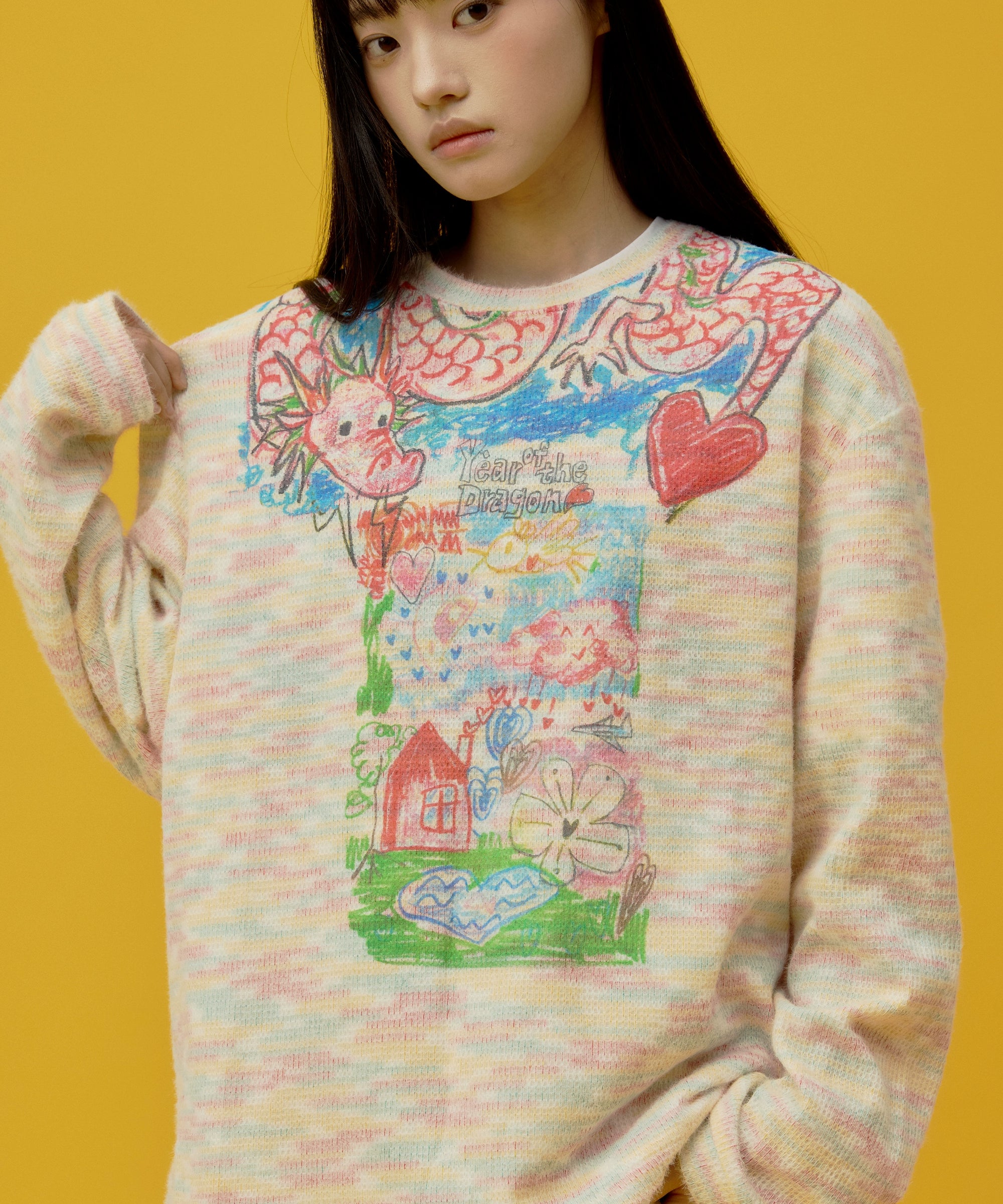 eeeeArtmonster“过肩龙”彩虹色长袖T恤打底上衣圆领套头针织衫