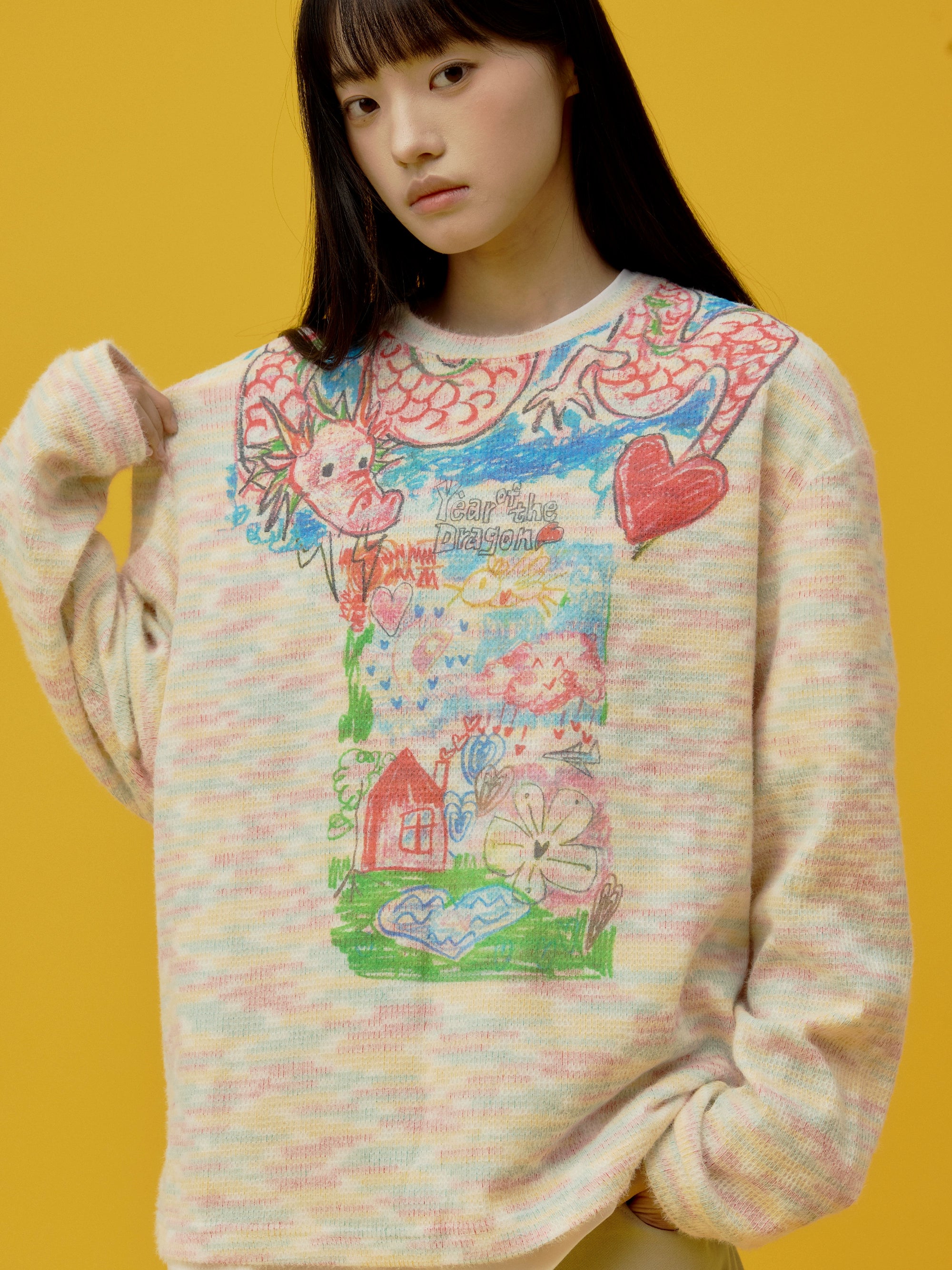 eeeeArtmonster“过肩龙”彩虹色长袖T恤打底上衣圆领套头针织衫