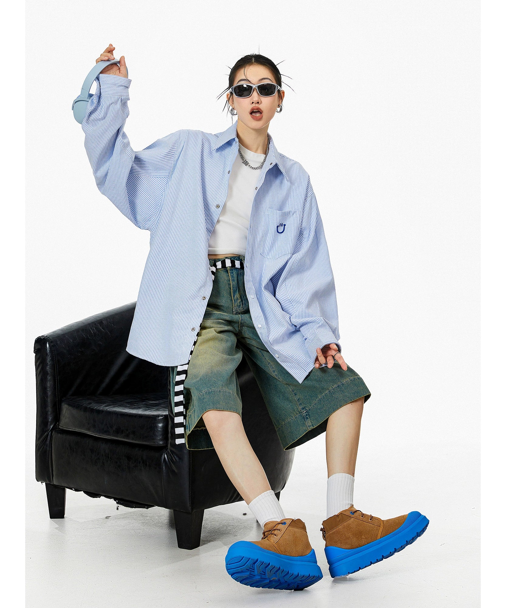 ICH MODE 美式复古条纹衬衫女秋2025新款宽松流行衬衣外套上衣