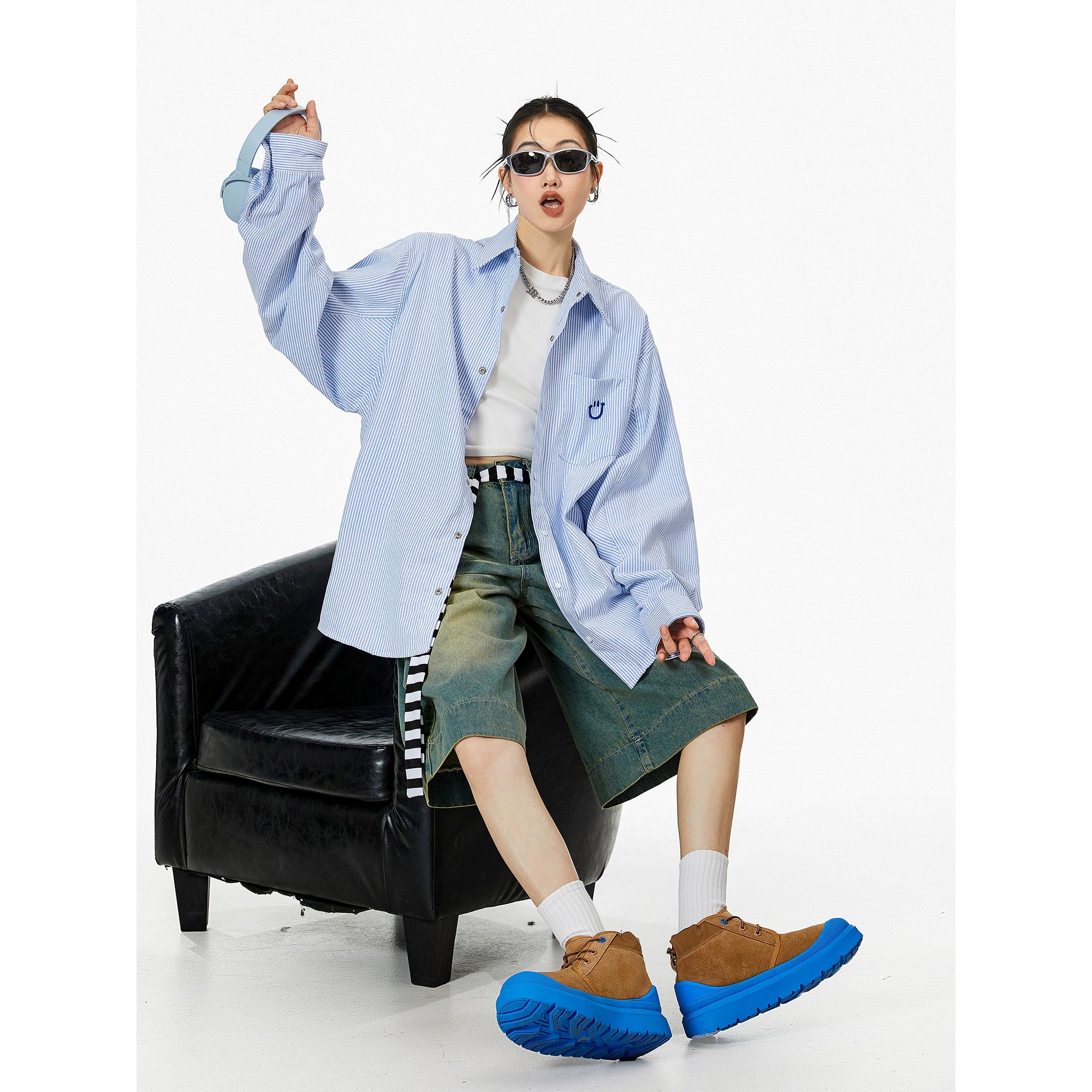 ICH MODE 美式复古条纹衬衫女秋2025新款宽松流行衬衣外套上衣