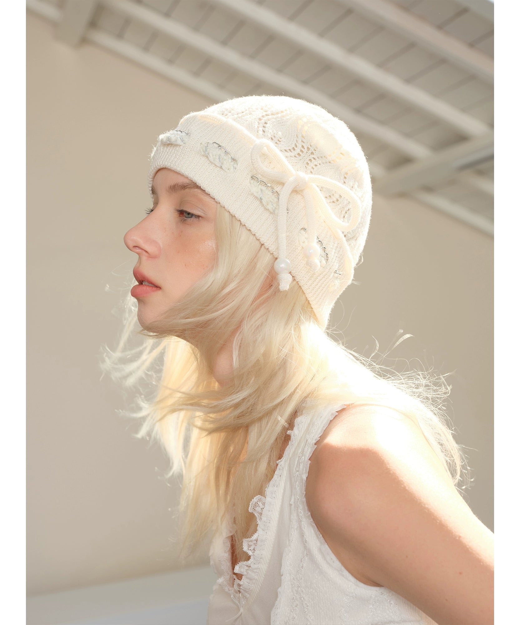 2th Desire蝴蝶结串珠绑带镂空立体花式包头帽织带针织帽毛线冷帽