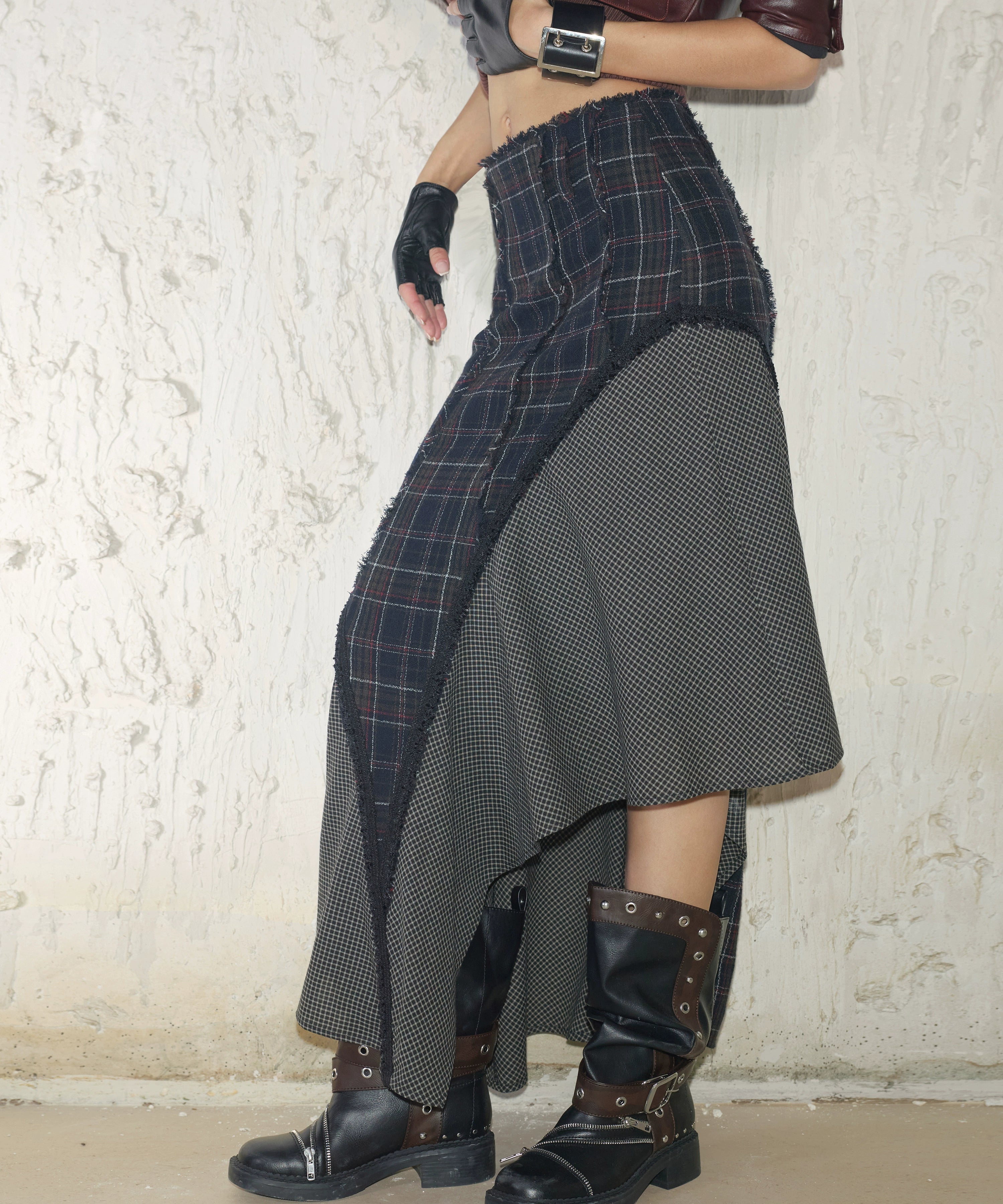 2th Desire100羊毛格纹撞色拼接毛边秋冬a字毛呢不规则长款半身裙