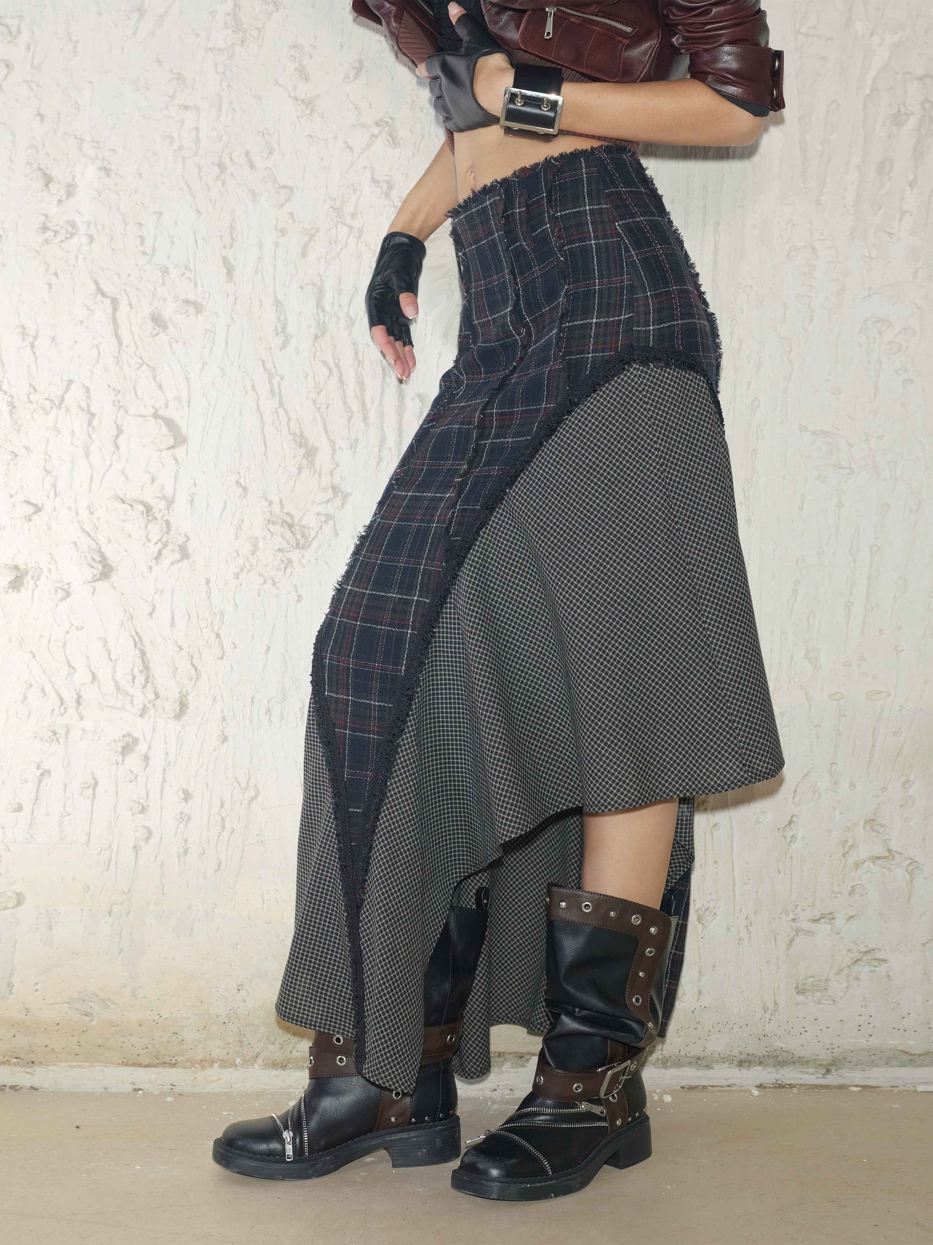 2th Desire100羊毛格纹撞色拼接毛边秋冬a字毛呢不规则长款半身裙