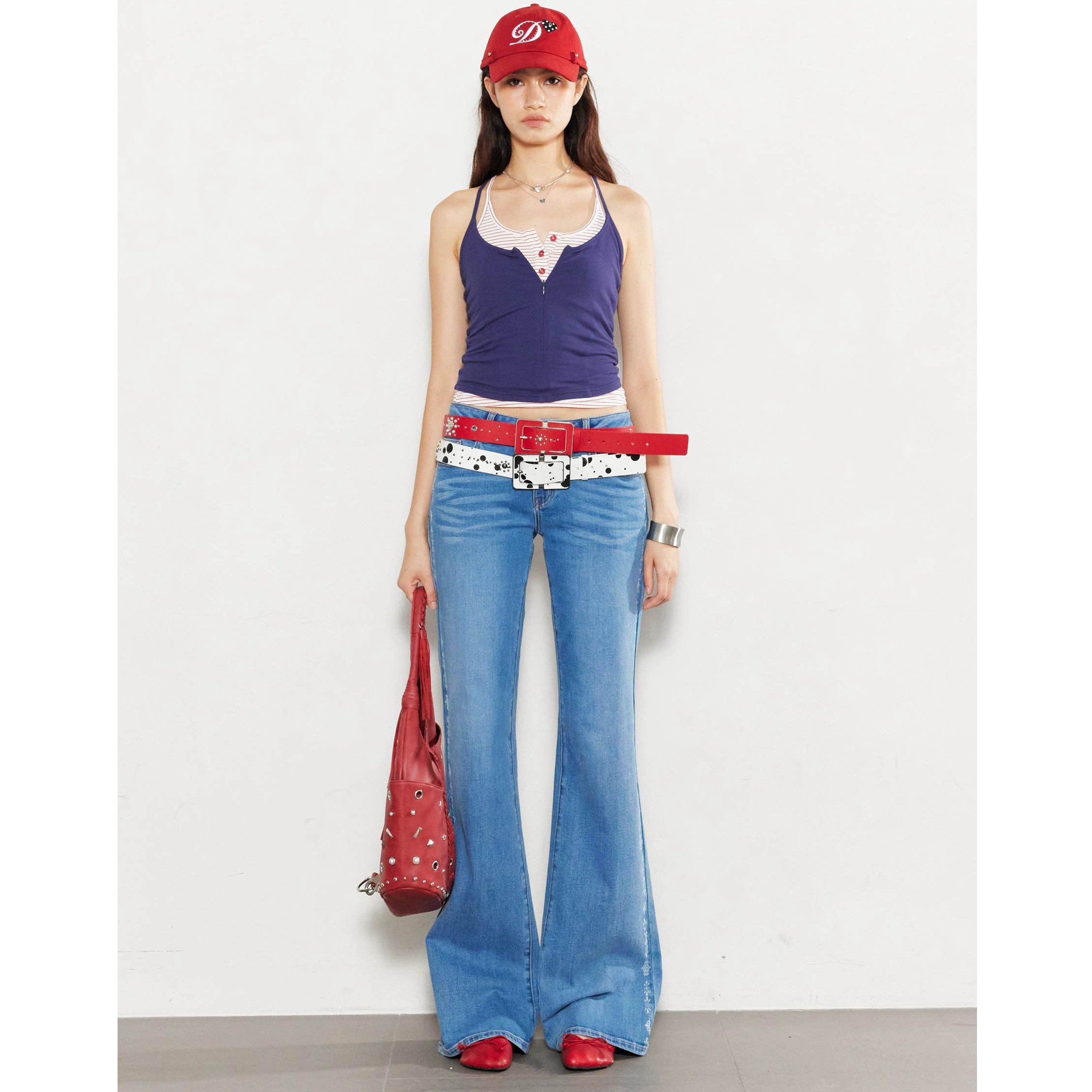 2th Desire烫钻图腾淡黄竖条浅色复古水洗低腰显瘦直筒牛仔裤女